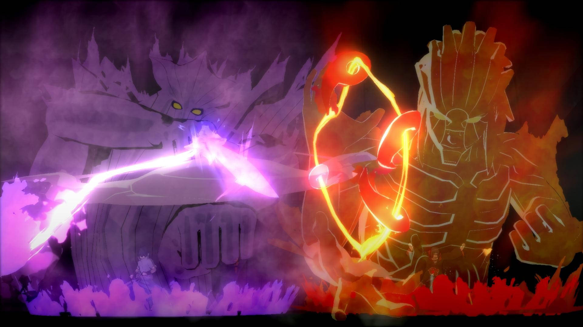 Susanoo 桌布 壁紙 — 兩個巨大的動畫巨人在一場火熱的紫色和橙色戰鬥中碰撞，能量光束在它們之間爆炸。