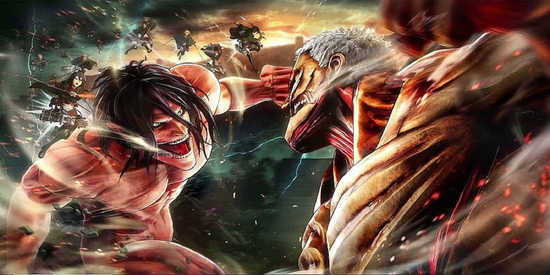 Titan Shifters 桌布 壁紙 — 兩個巨大的巨人在一場激烈的戰鬥中碰撞，士兵在他們上方戰鬥，背景是暴風雨的日落天空。