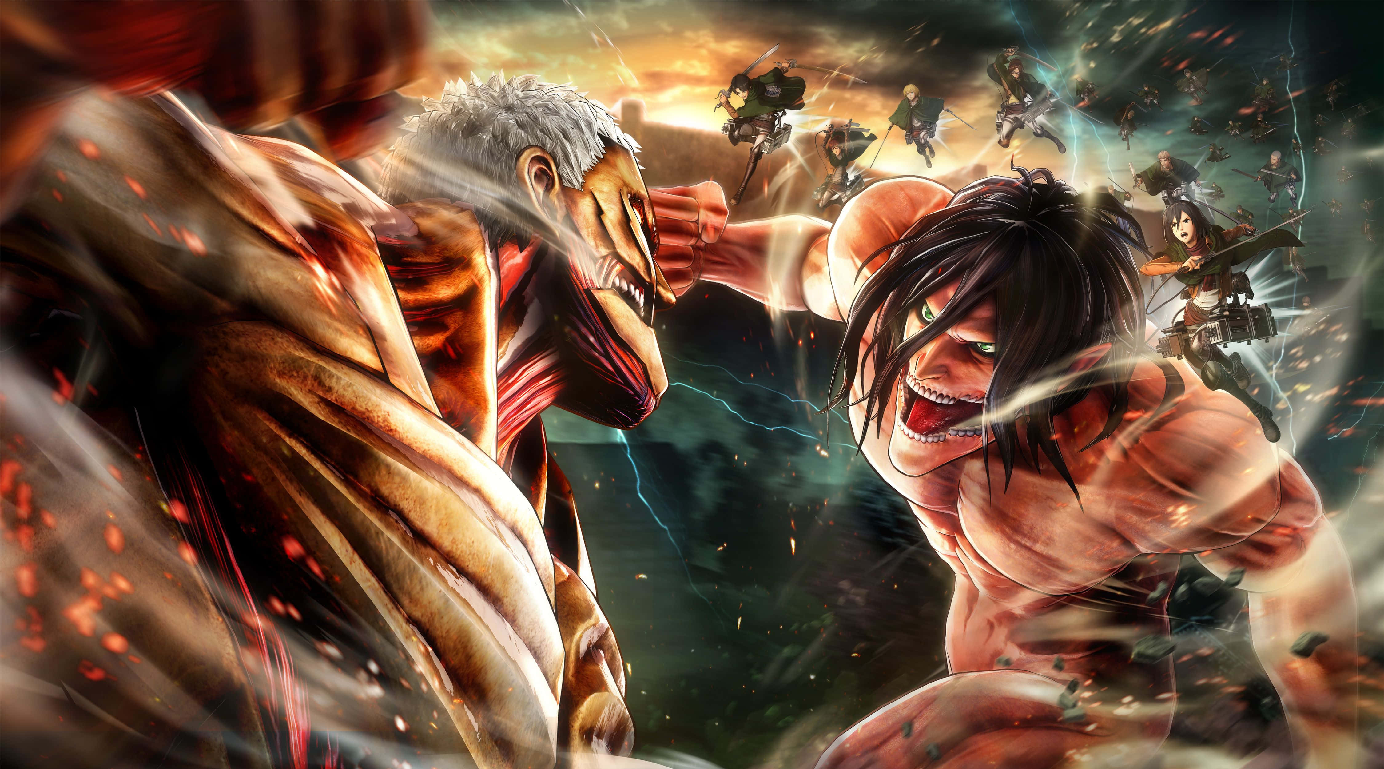 Great Titan War 桌布 壁紙 — 兩個巨大的巨人在一場激烈的戰鬥中碰撞，裝備齊全的士兵在暴風雨的日落天空背景下從上方攻擊。