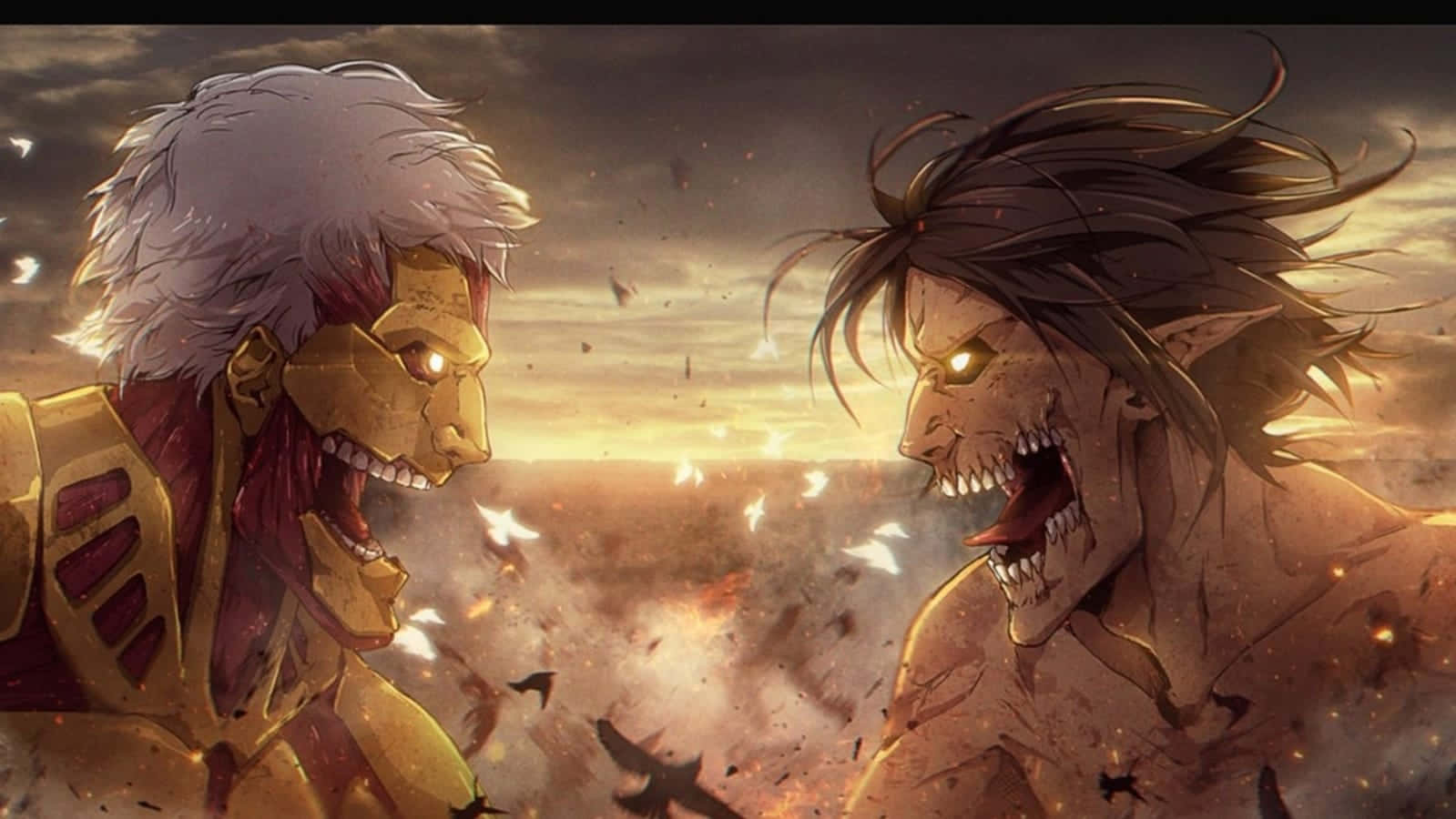Great Titan War 桌布 壁紙 — 兩個巨大的巨人在充滿碎片和鳥類的熾熱日落天空下激烈對峙咆哮。