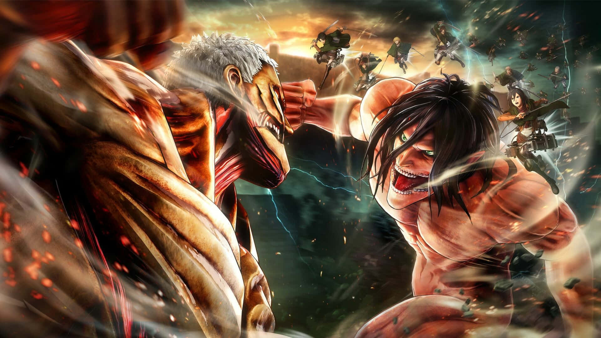 Attack On Titan Titan Eren 桌布 壁紙 — 兩個巨大的巨人在暴風雨的天空下激烈戰鬥，士兵們用裝備從上方攻擊。