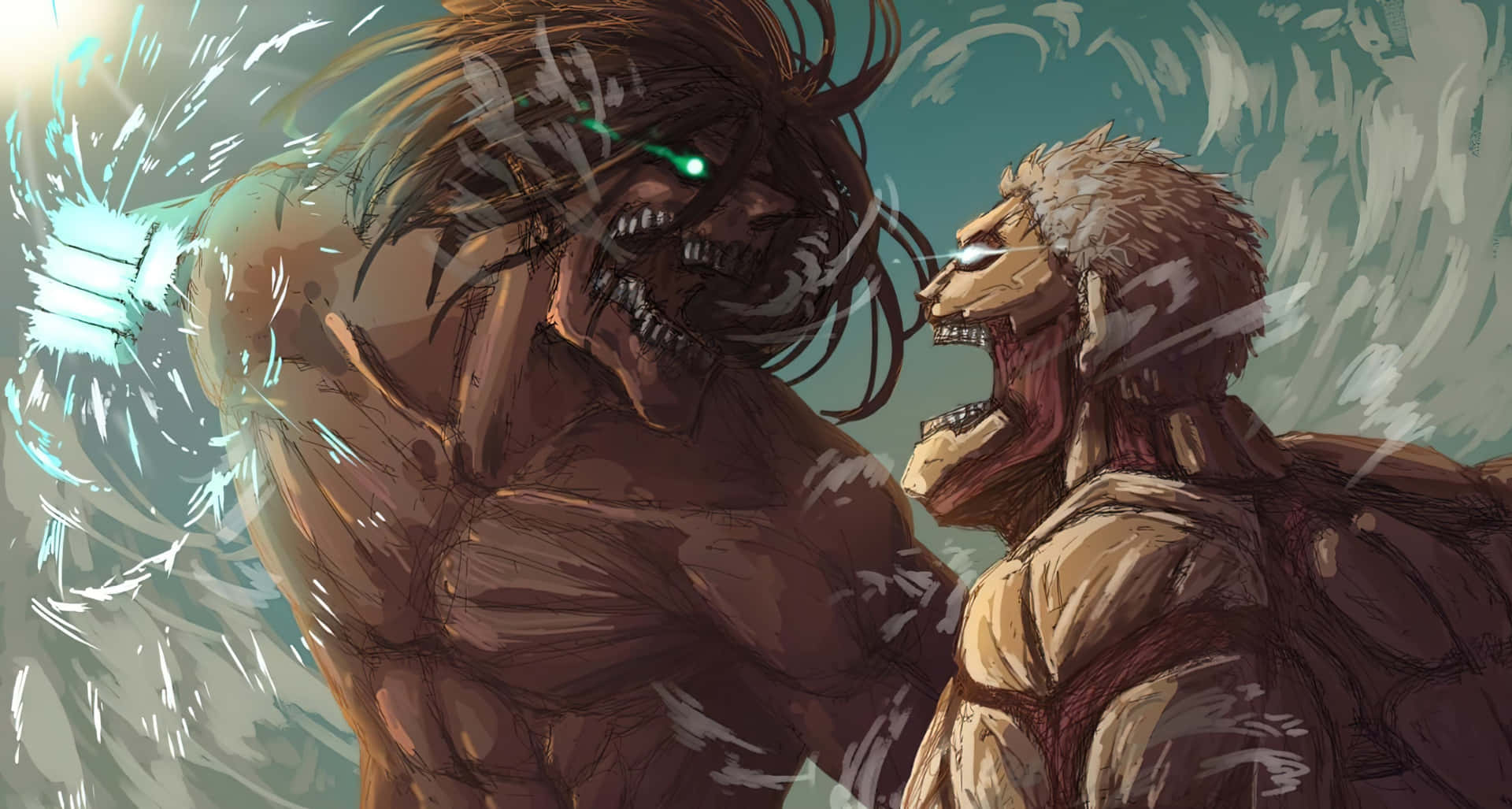 Armored Titan 桌布 壁紙 — 兩個巨大的巨人在暴風雨的青色背景下，用發光的眼睛和肌肉發達的身體進行動態的動漫戰鬥。