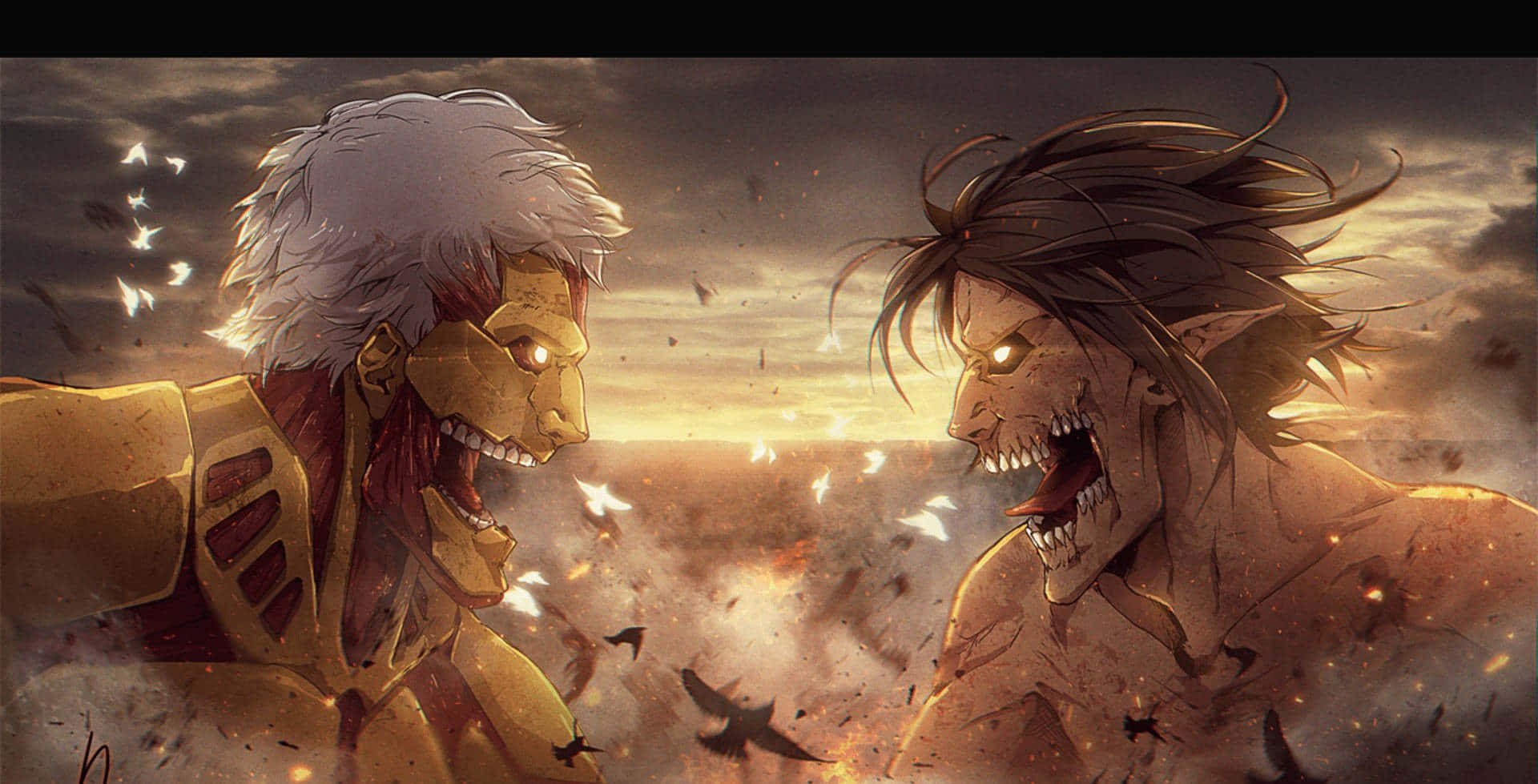Attack On Titan Season 3 桌布 壁紙 — 兩個巨大的巨人在熾熱的夕陽天空下激烈對峙咆哮，鳥兒在它們之間飛翔。
