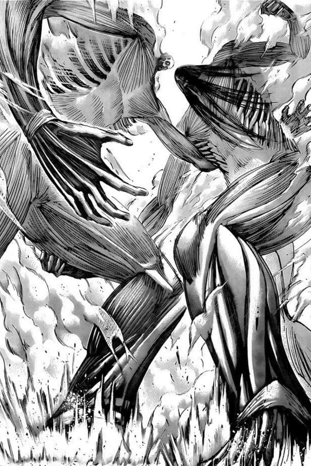 Founding Titan 桌布 壁紙 — 兩個巨大的泰坦在一個動態的黑白漫畫面板中碰撞，帶有爆炸性的運動線條和詳細的肌肉結構。