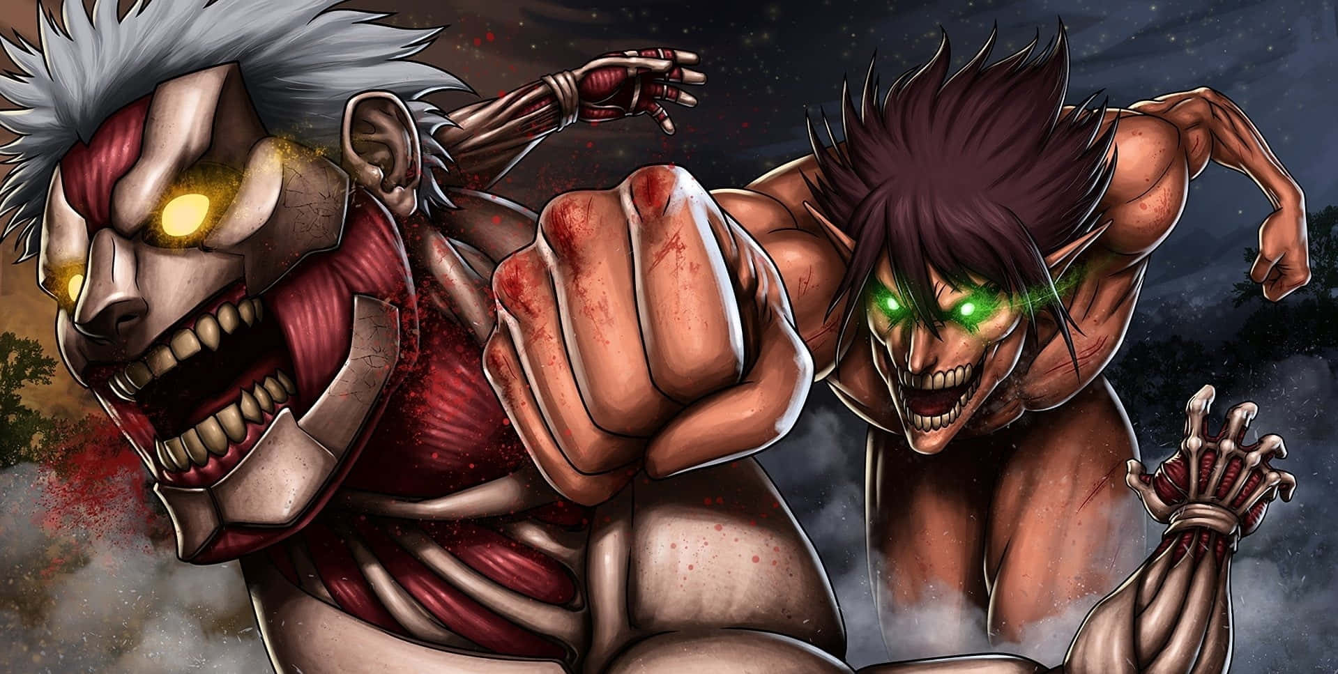 Attack On Titan Season 2 桌布 壁紙 — 兩個巨大的泰坦在暴風雨的夜空下，以發光的眼睛和血淋淋的拳頭進行殘酷的混戰。