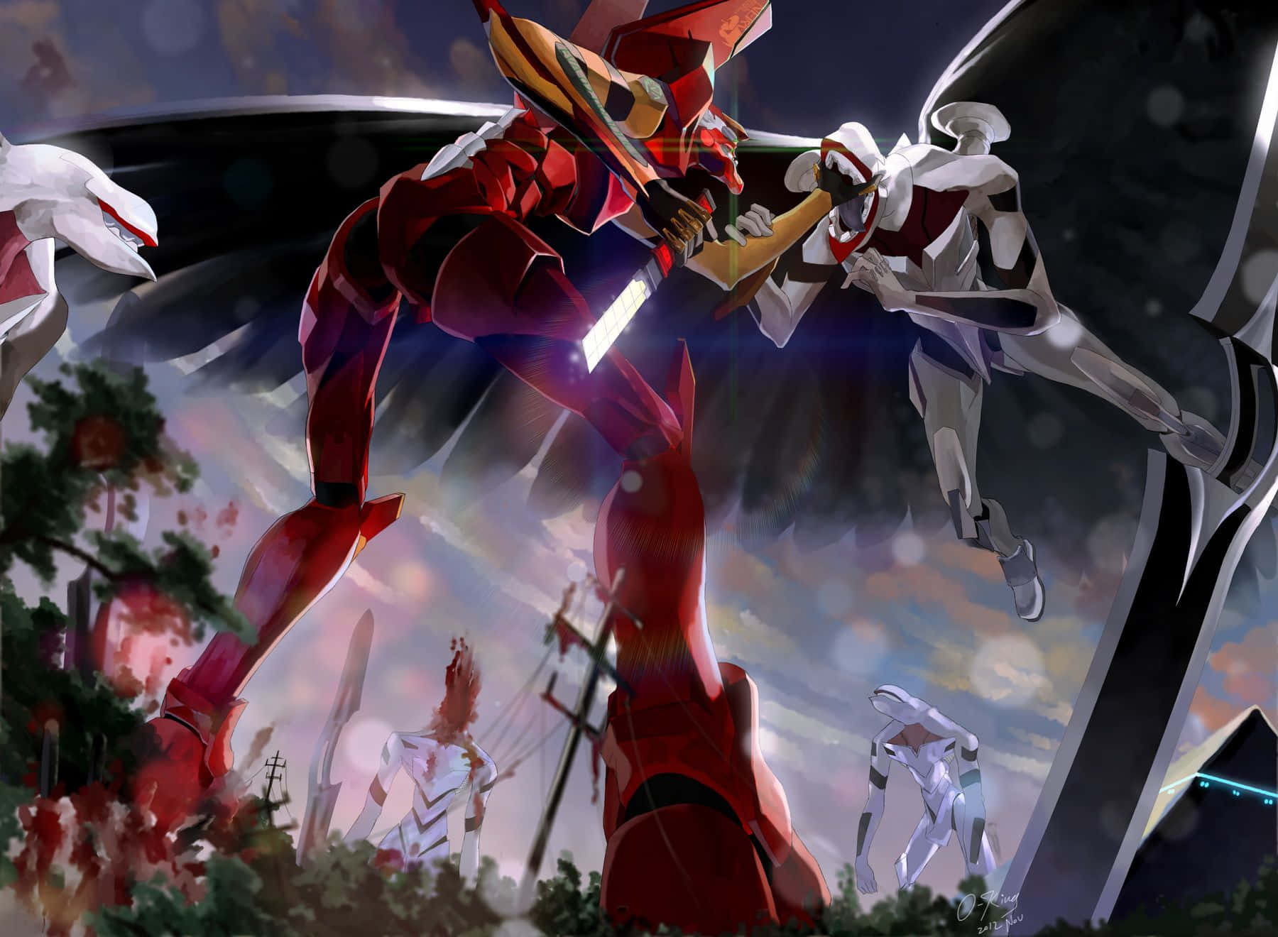 Adam Evangelion 桌布 壁紙 — 兩個巨大的生物機械天使在暴風雨的天空中，伴隨著發光的能量刀片和下方散落的碎片，在半空中碰撞。
