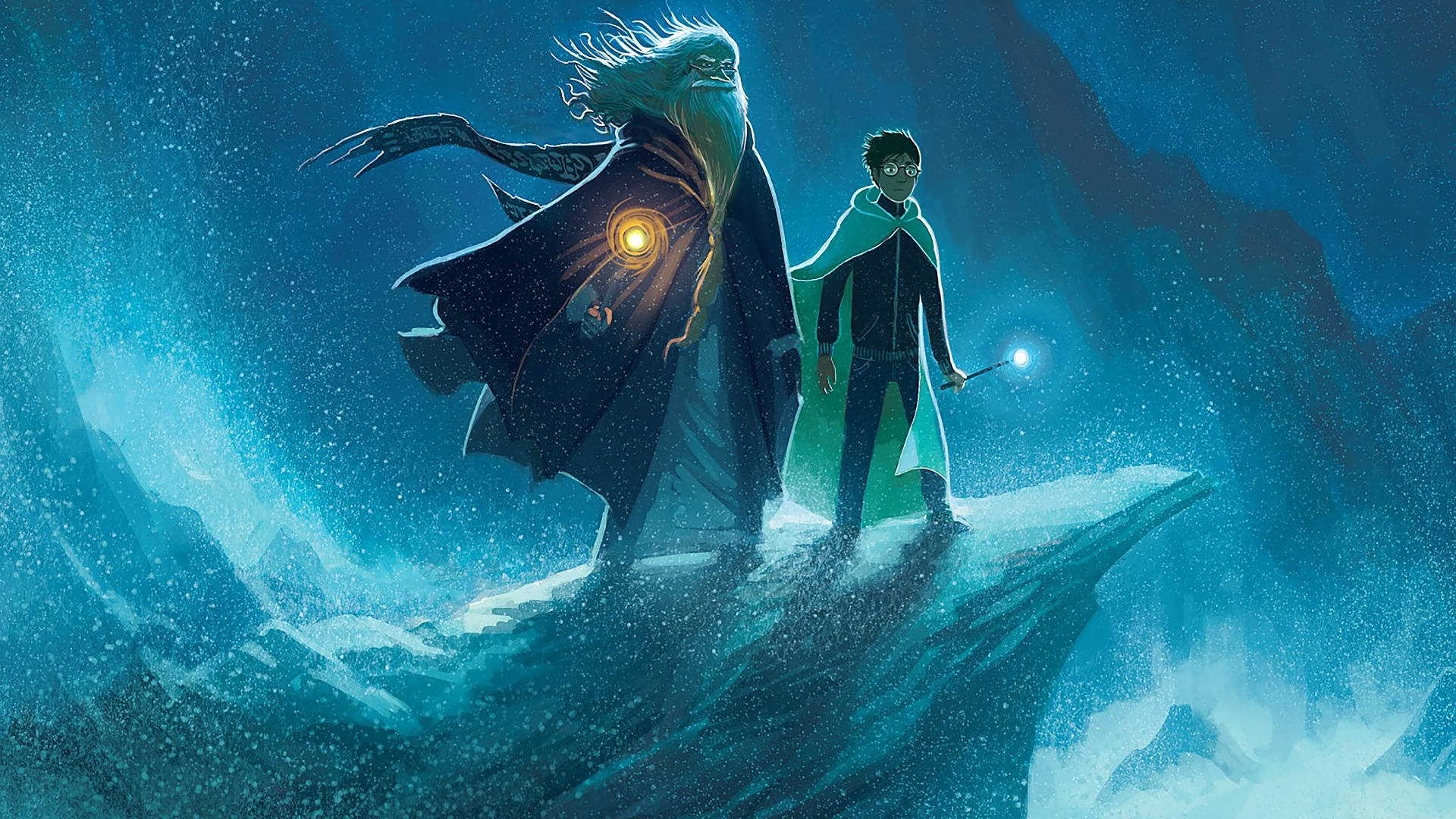 dumbledore 桌布 壁紙 — 兩個巫師夜晚站在白雪覆蓋的懸崖上，一個有發光的眼睛和法杖，另一個用魔杖向旋轉的藍色雪花投射光芒。
