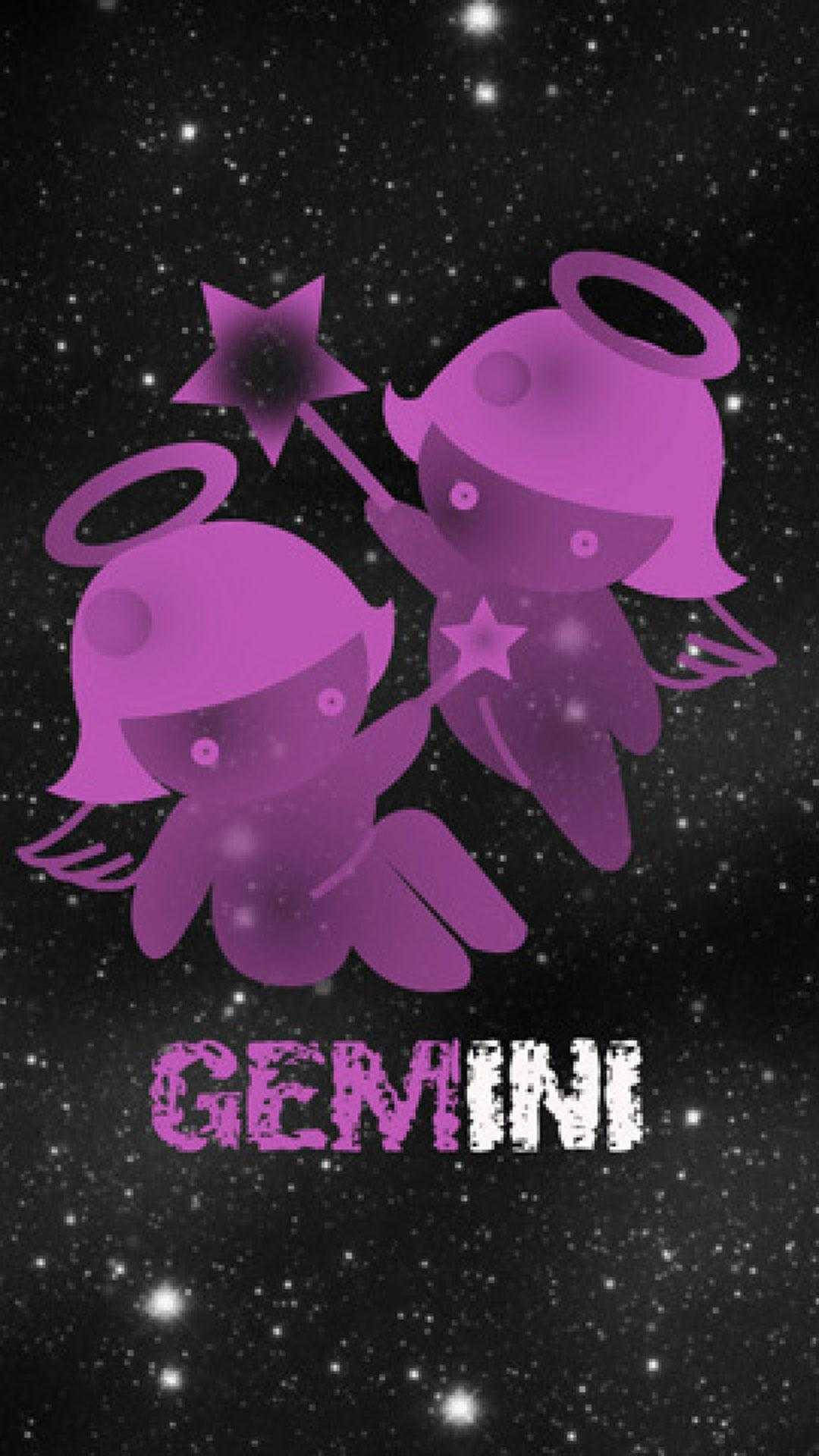 星座 桌布 壁紙 — 兩個帶光環的紫色卡通天使在閃爍的黑色星空下舉著星星，下方有「GEMINI」文字。