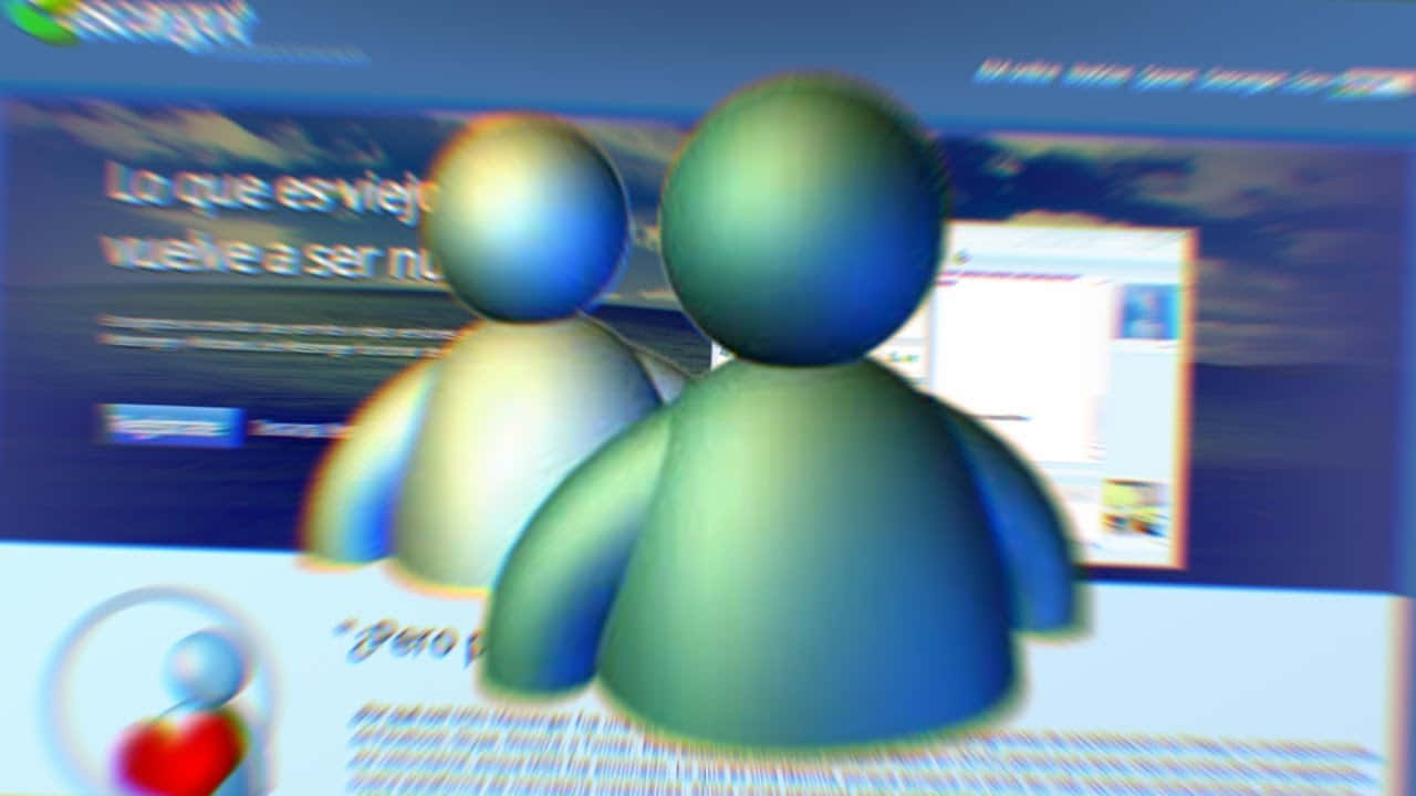 科技動圖 桌布 壁紙 — 兩個帶有光澤的3D渲染人形站在模糊的網頁前，網頁上有西班牙文文字和心形圖標。
