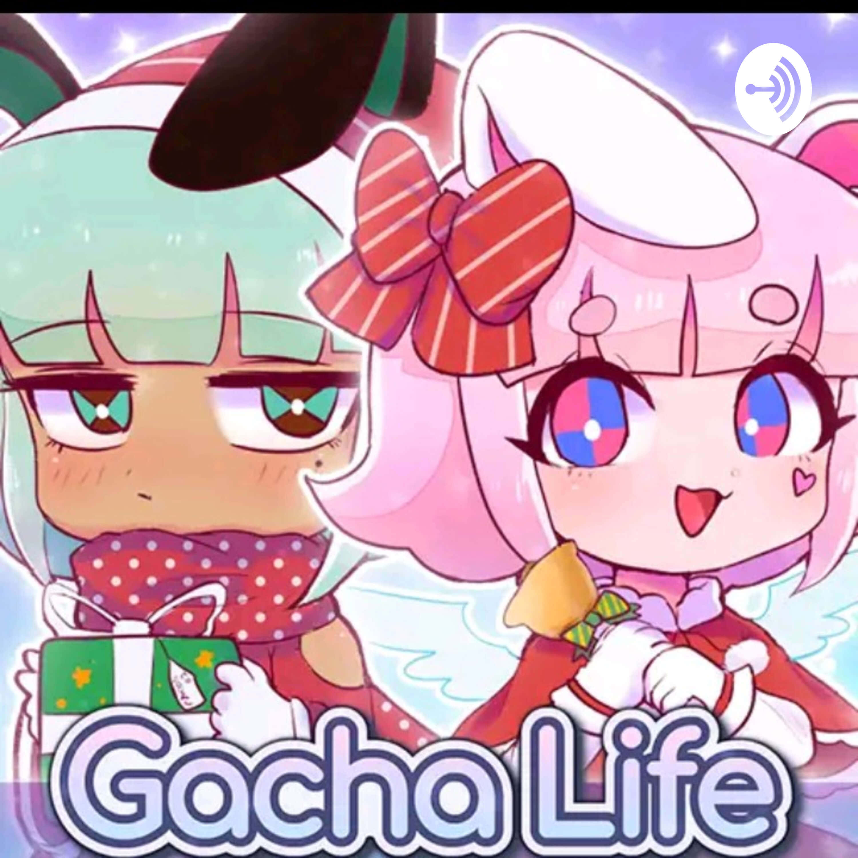 Gacha Life 桌布 壁紙 — 兩個帶有兔耳的可愛動漫女孩在閃爍紫色天空背景下拿著禮物。