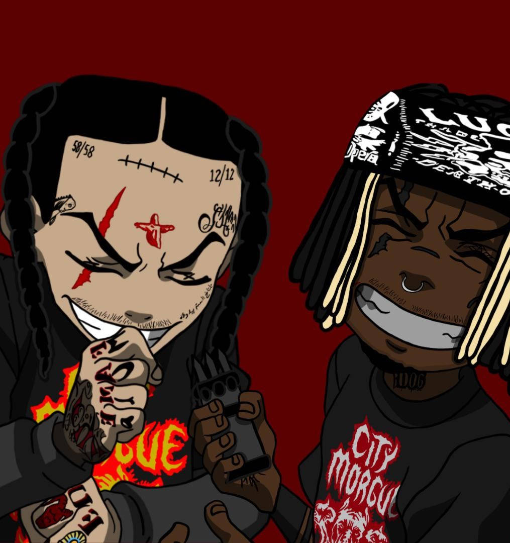 Zillakami 桌布 壁紙 — 兩個帶有刺青和頭巾的風格化卡通人物在深紅色背景上咧嘴笑。