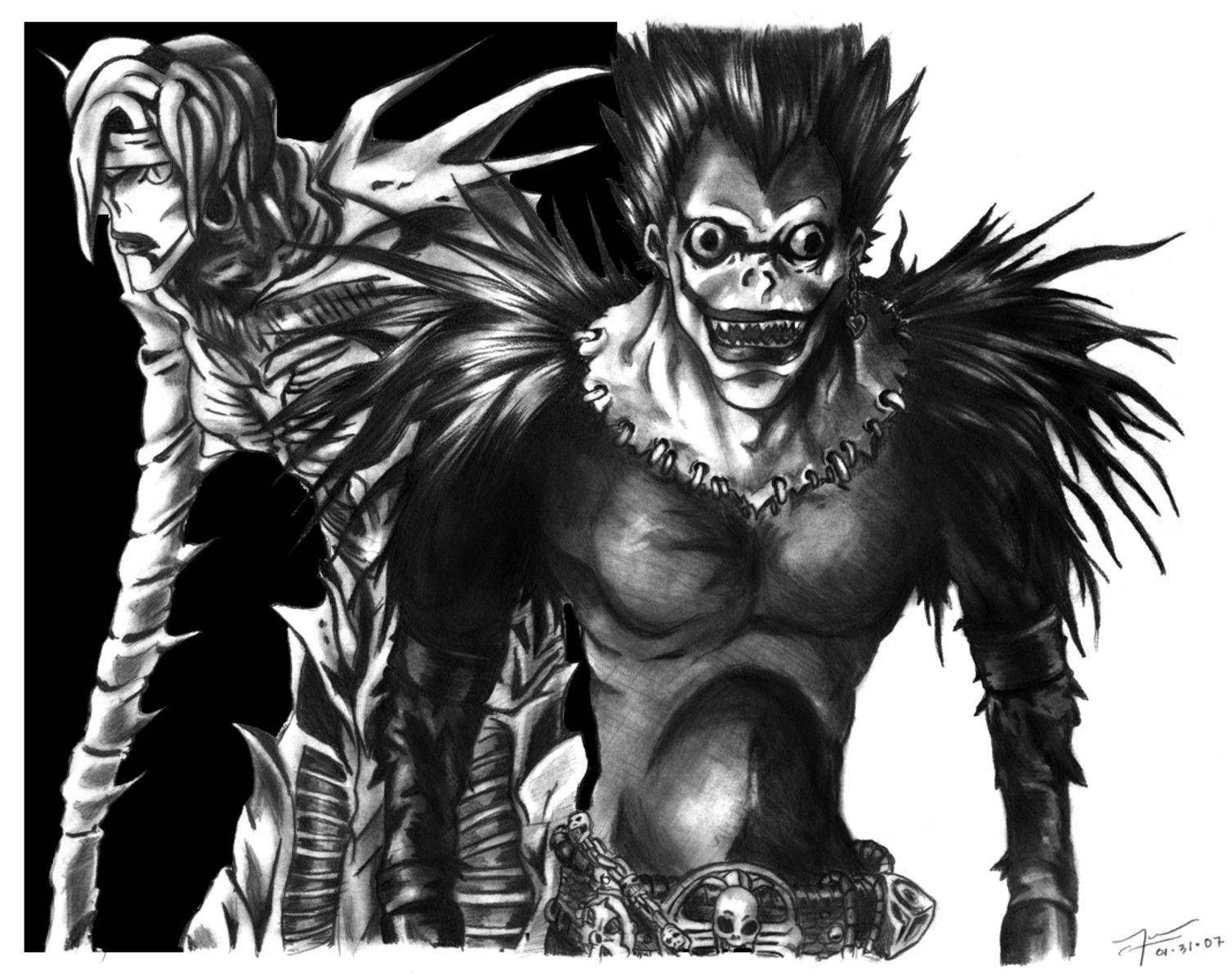 Ryuk 桌布 壁紙 — 兩個帶有尖刺頭髮和骨骼特徵的威脅性動漫角色，站在戲劇性的黑白插圖中。