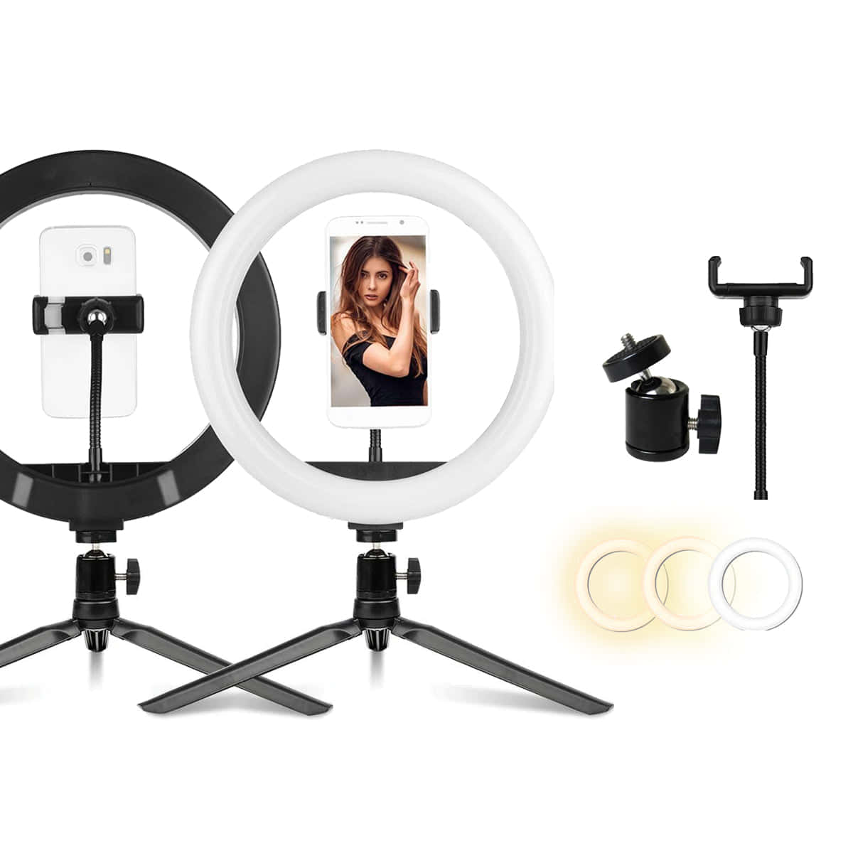 Ring Light 桌布 壁紙 — 兩個帶有手機支架的環形燈安裝在三腳架上，在乾淨的白色背景上展示發光的照明和可互換的彩色凝膠。