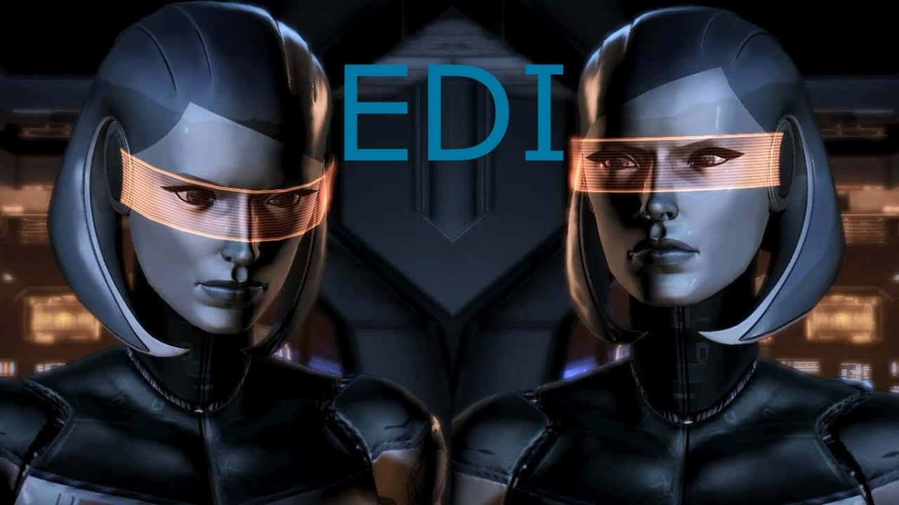 Mass Effect Edi 桌布 壁紙 — 兩個帶有發光橙色面罩的人形機器人並排站立在黑暗的未來場景中，背後亮起EDI字樣。