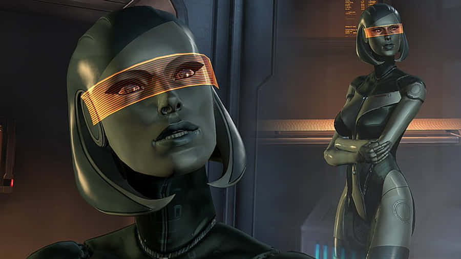 Mass Effect Edi 桌布 壁紙 — 兩個帶有發光橙色面罩的人形機器人站在一個昏暗的未來主義走廊中，走廊有金屬牆壁和環境照明。