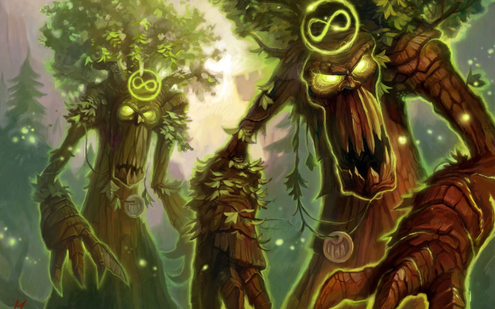 PC 遊戲 桌布 壁紙 — 兩個帶有發光眼睛和無限符號的威脅性樹狀生物，站在沐浴在詭異綠光中的神秘森林裡。