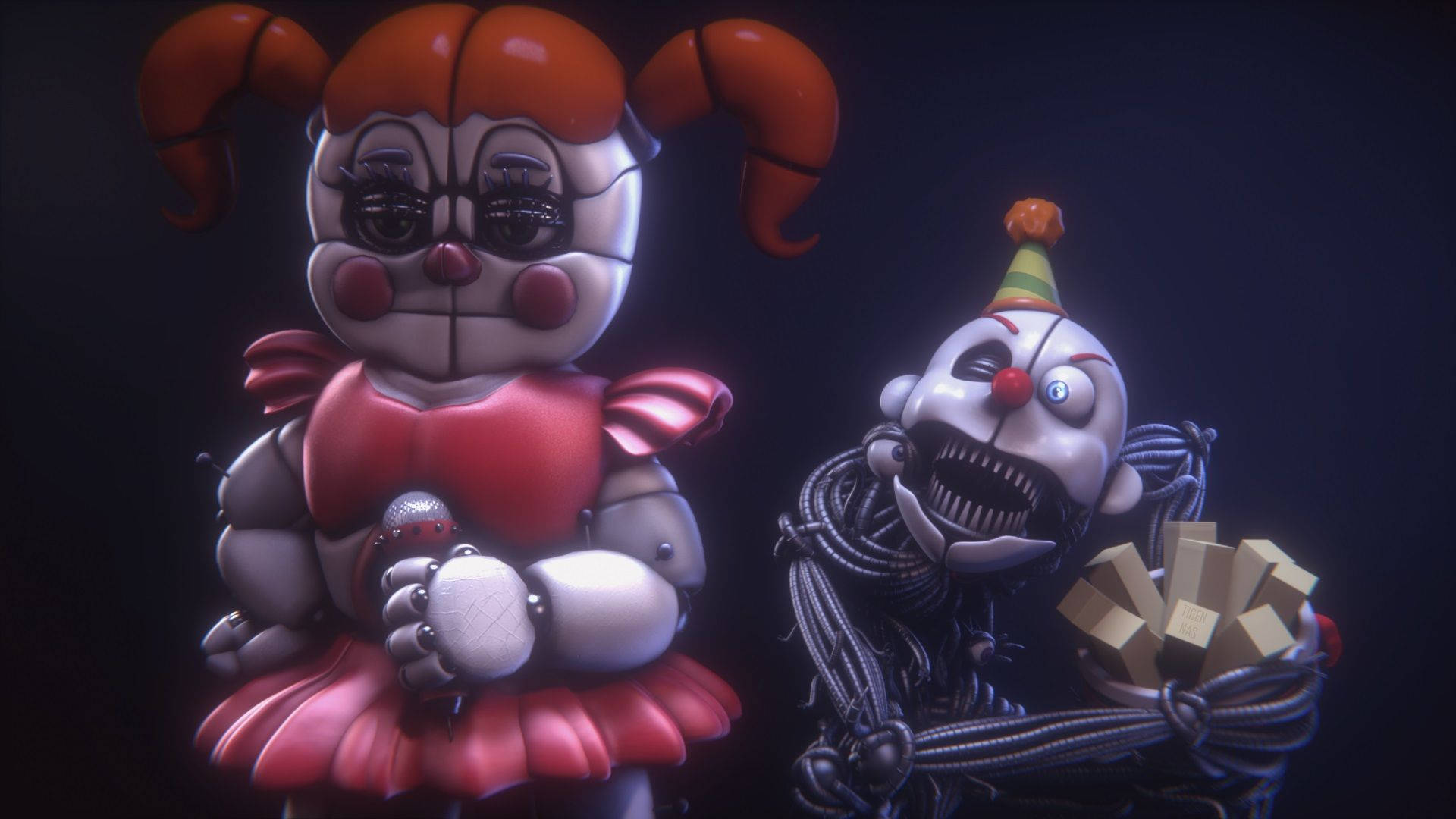 Ennard 桌布 壁紙 — 兩個帶有發光眼睛和縫合嘴巴的威脅性電子動畫小丑站在黑暗背景前。