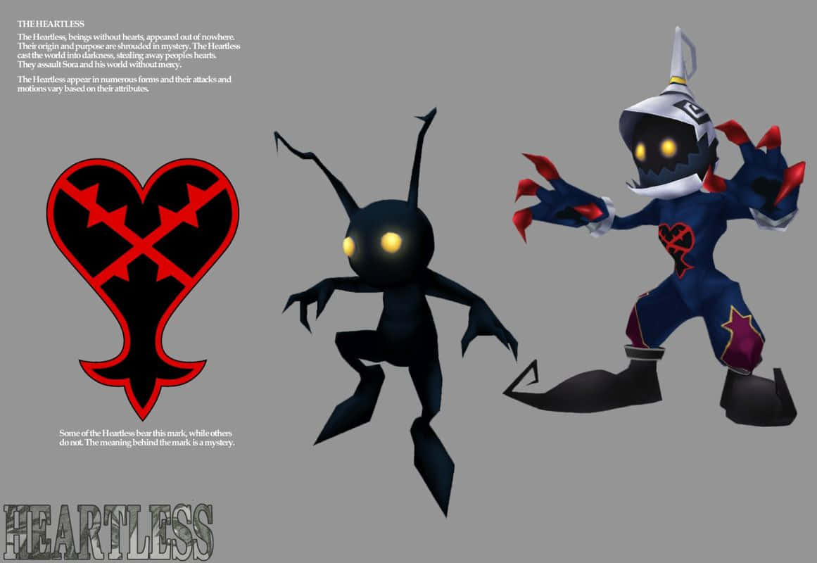 Kingdom Hearts Characters 桌布 壁紙 — 兩個帶有發光黃色眼睛和紅色點綴的威脅性無心者生物，站在一個帶有紅色心形符號的純灰色背景前。