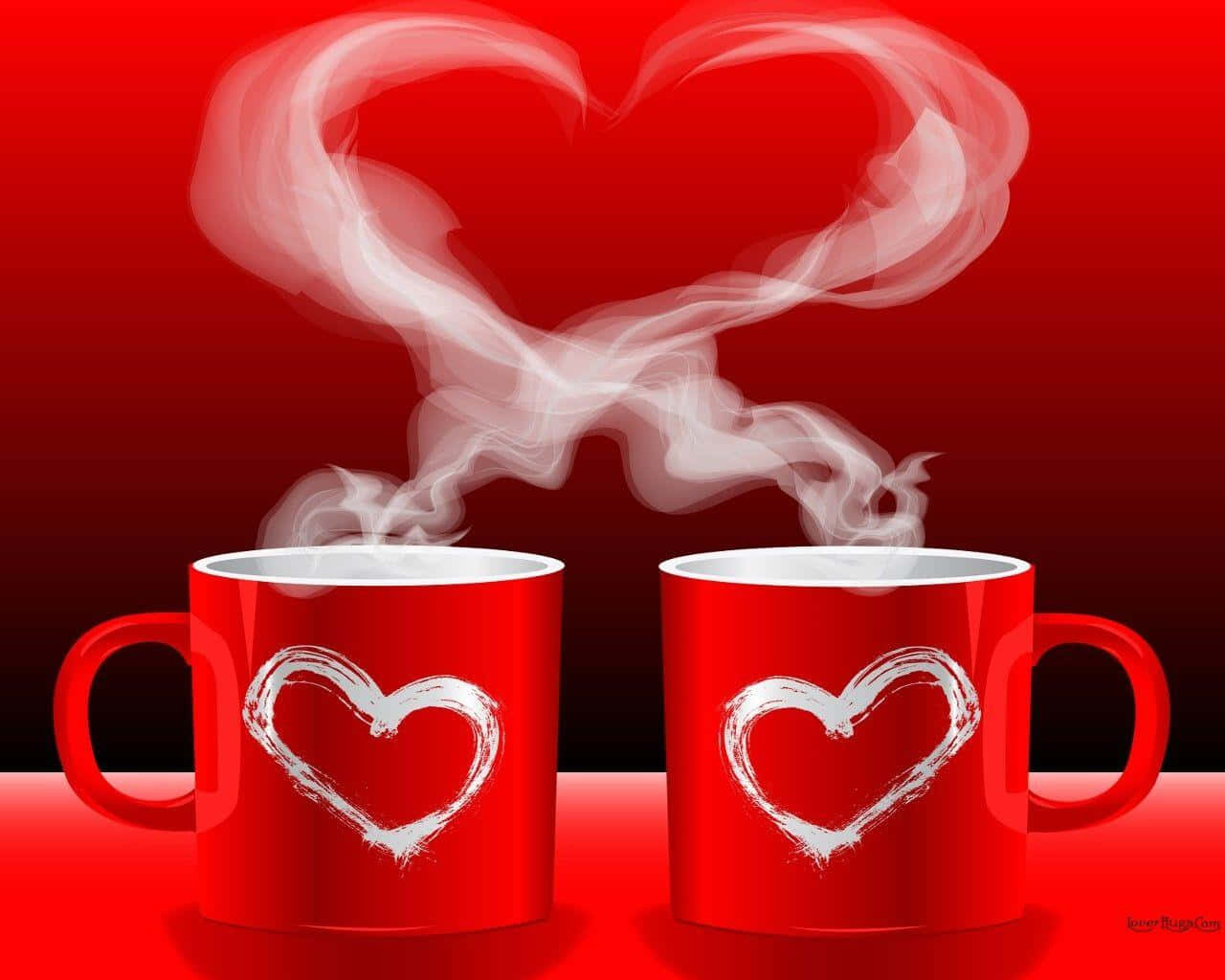 Funny Love 桌布 壁紙 — 兩個帶有白色心形圖案的紅色馬克杯，在漸變紅色背景上釋放出形成心形的蒸氣。