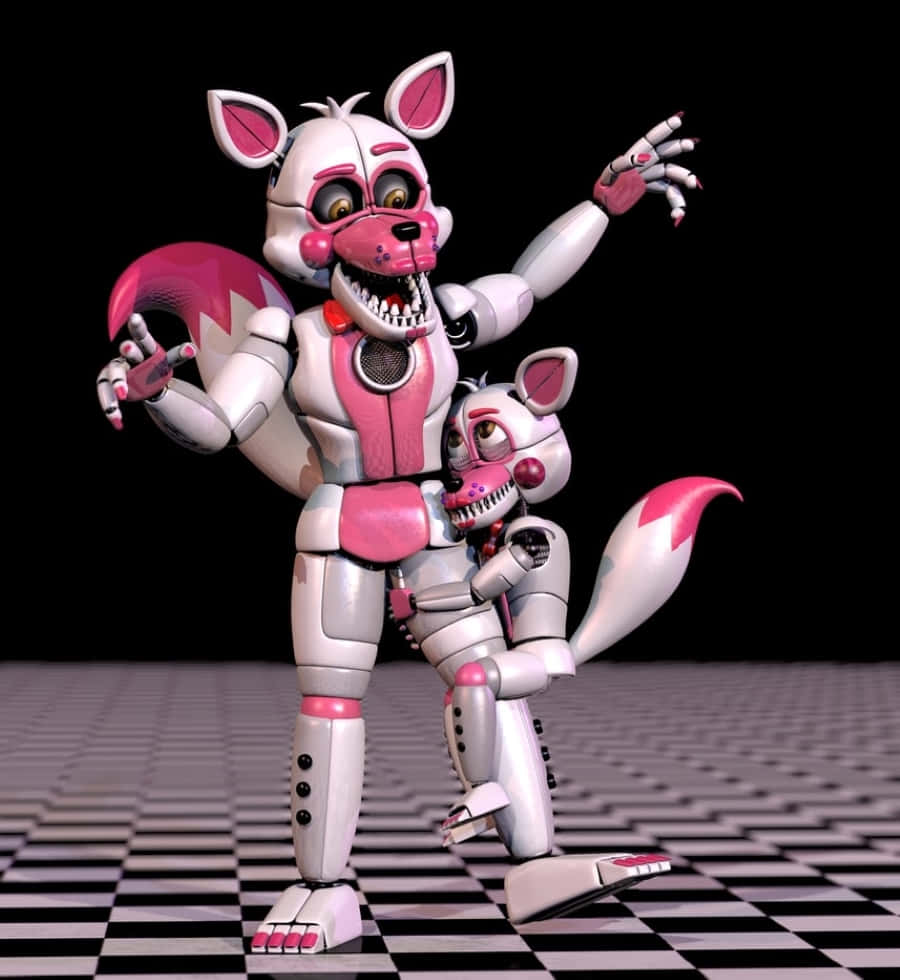 Funtime Foxy 桌布 壁紙 — 兩個帶有粉紅色點綴的威脅性機械狐狸電子動畫站在黑色背景的棋盤格地板上。