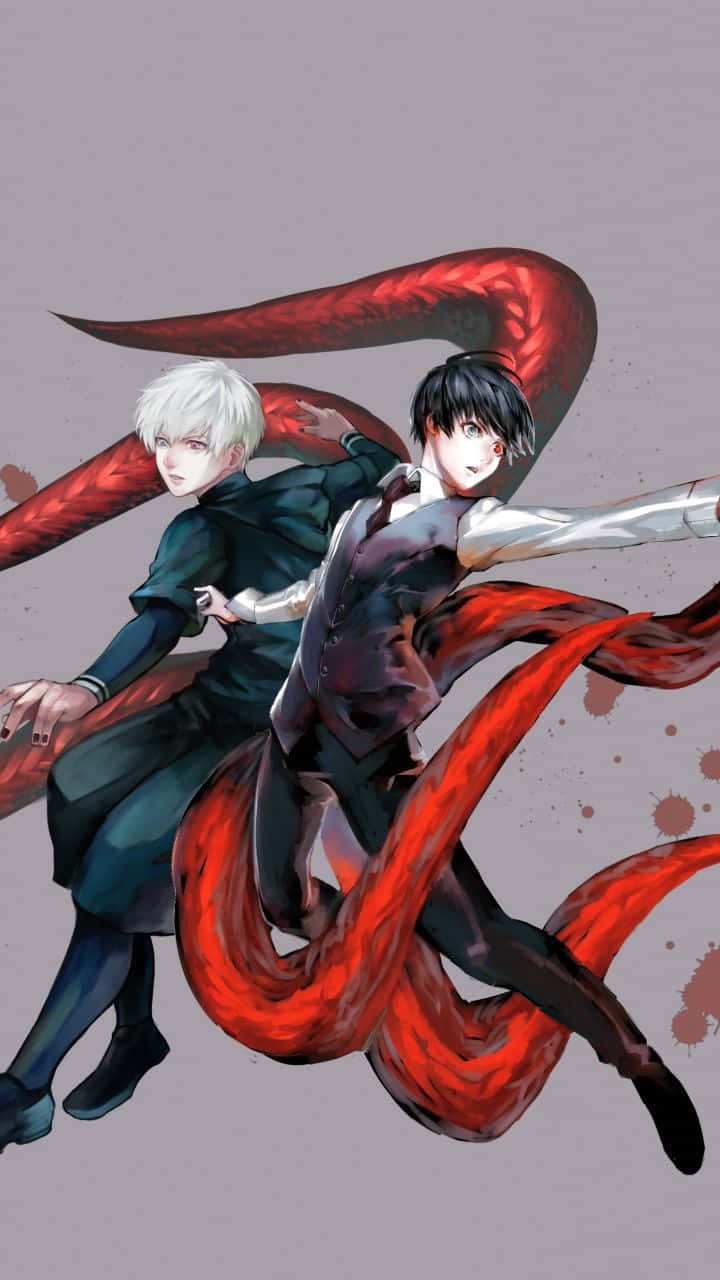 Kaneki Phone 桌布 壁紙 — 兩個帶有紅色能量觸手的動漫角色在灰色背景上動態碰撞，伴有血跡。