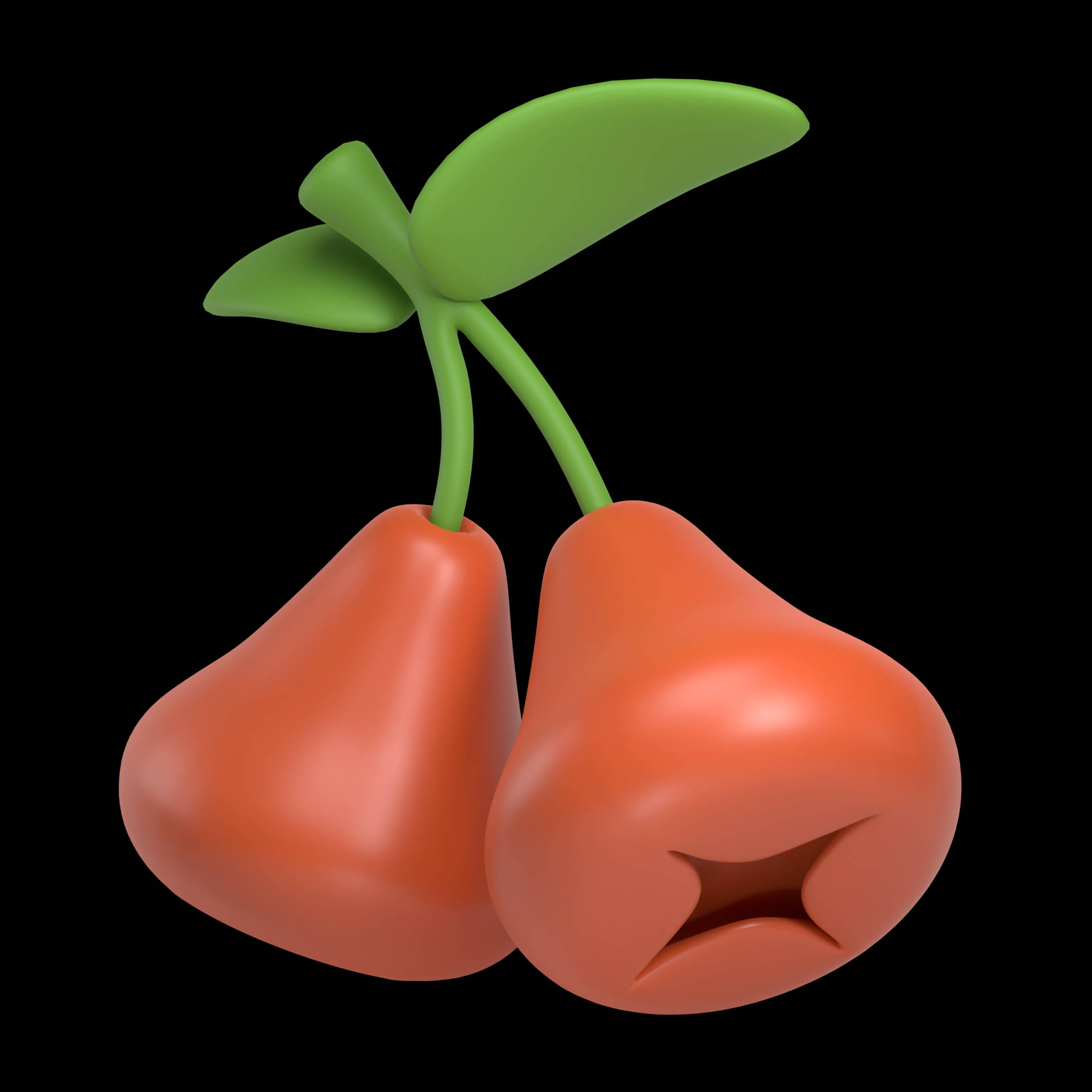 Fruits 桌布 壁紙 — 兩個帶有綠色莖和葉子的光澤橙色櫻桃，在黑色背景上孤立。