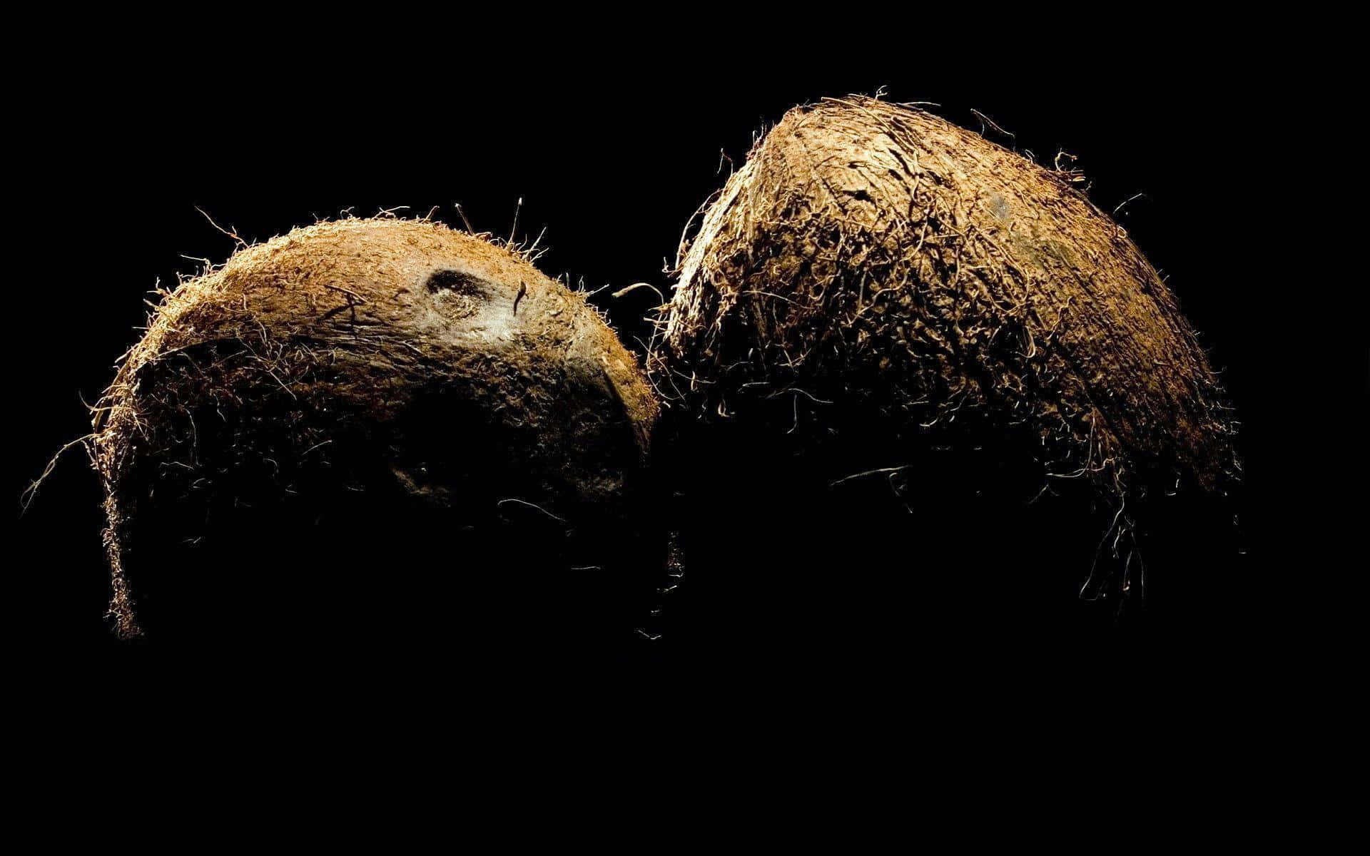 Coconut 桌布 壁紙 — 兩個帶有纖維外殼的椰子，在純黑色背景下戲劇性地打光，突顯其粗糙質感和大地色調。