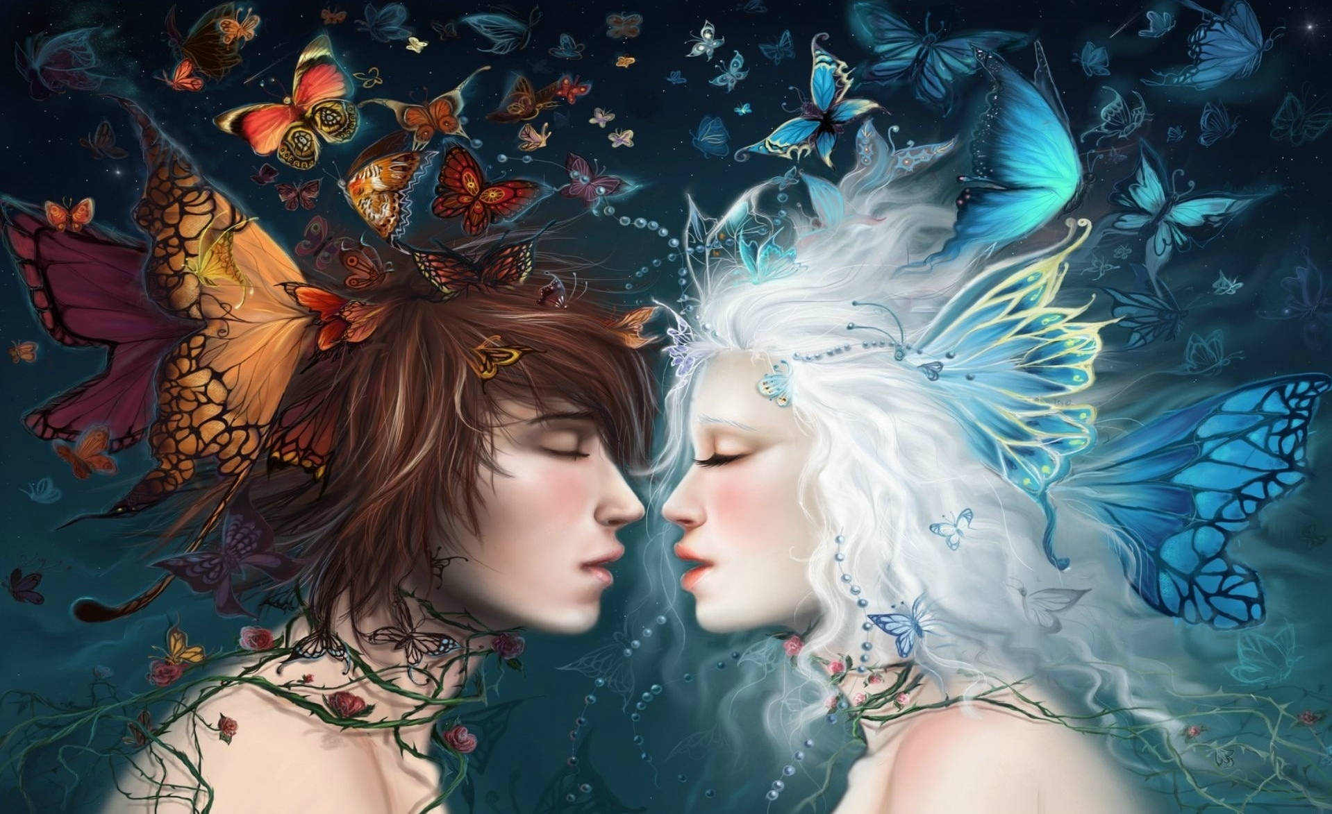 Butterflies 桌布 壁紙 — 兩個帶有蝴蝶翅膀的虛幻存在在充滿發光蝴蝶的神秘夜空中面對面。