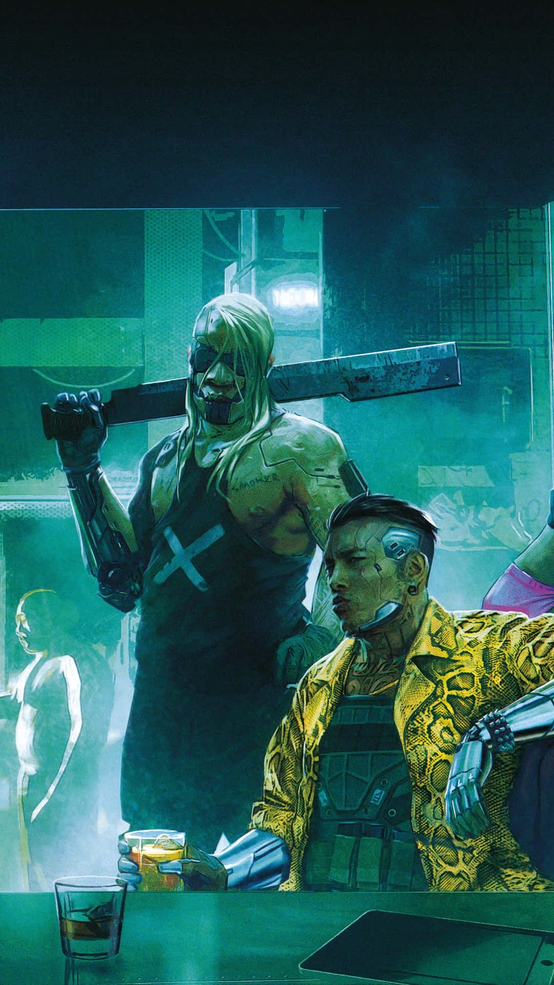 Cyberpunk 2077 Characters 桌布 壁紙 — 兩個帶有賽博增強功能的賽博龐克人物坐在霓虹燈閃爍的酒吧裡，身處煙霧瀰漫的未來地下世界。