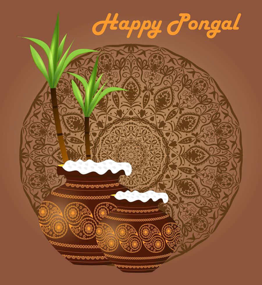 Pongal 桌布 壁紙 — 兩個帶有金色圖案的裝飾性棕色罐子，在曼陀羅背景前溢出白米和發芽的綠色甘蔗莖。