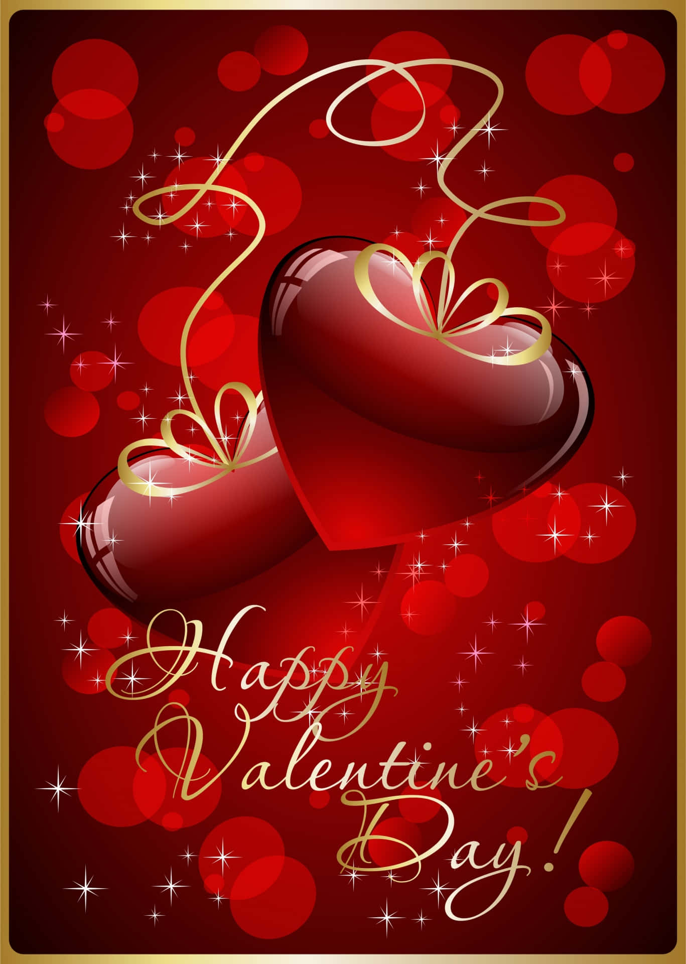 Happy Valentines 桌布 壁紙 — 兩個帶有金色漩渦的亮紅色心形漂浮在深紅色散景背景上，背景閃爍著白色星星。