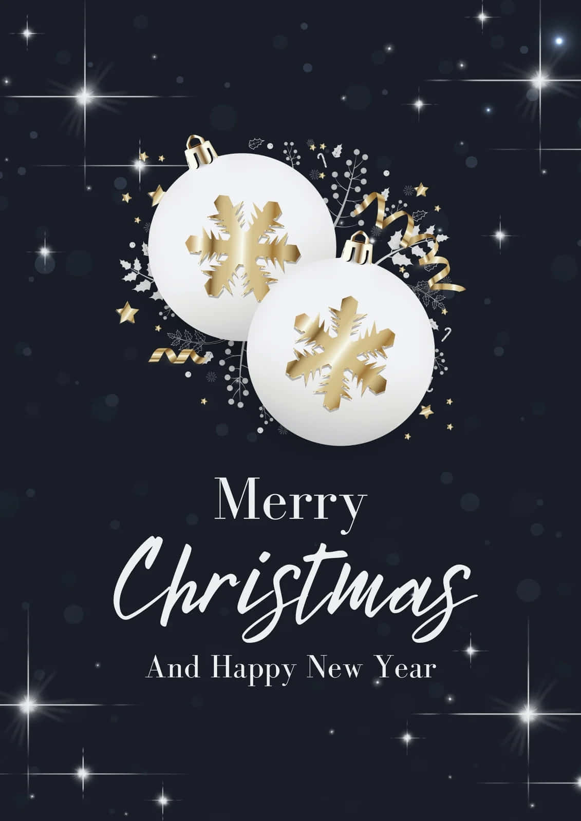 Christmas Flyer 桌布 壁紙 — 兩個帶有金色雪花的白色聖誕裝飾品在繁星點點的深藍色背景上漂浮，並帶有節日文字。