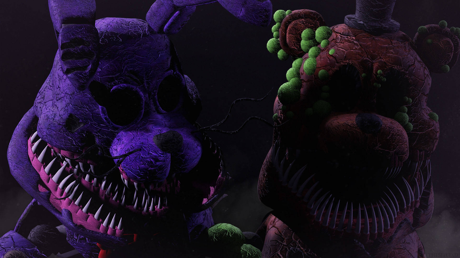 nightmare 桌布 壁紙 — 兩個帶有鋒利牙齒和發光眼睛的威脅性電子動畫角色在黑暗詭異的環境中凝視著。