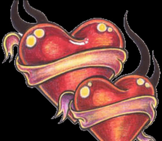 Heart Tattoo 桌布 壁紙 — 兩個帶有黃色眼睛和黑色角的亮面紅色愛心，在黑色背景前用華麗絲帶綁在一起。
