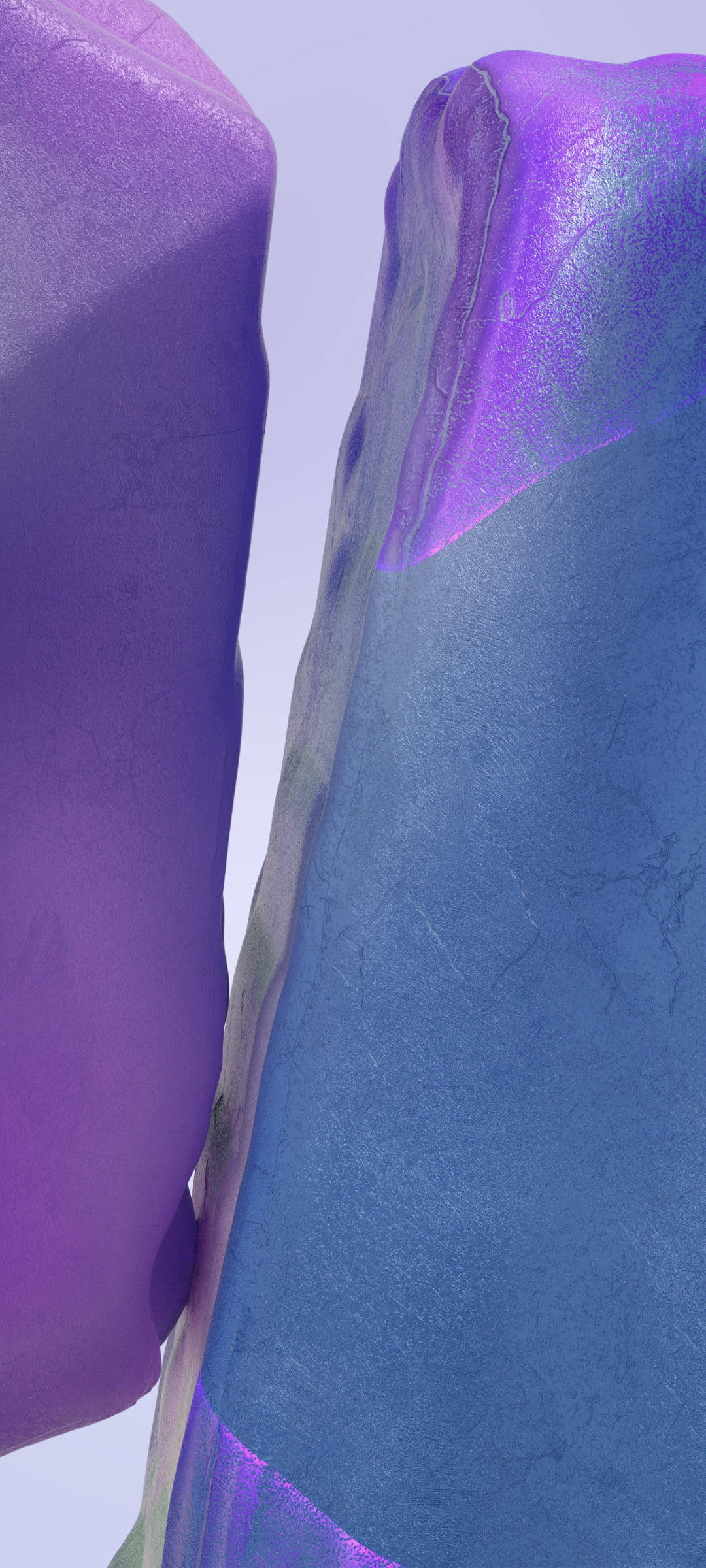 手機 桌布 壁紙 — 兩個帶紋理的抽象形狀，紫色和藍色，在淡薰衣草背景上柔和發光。