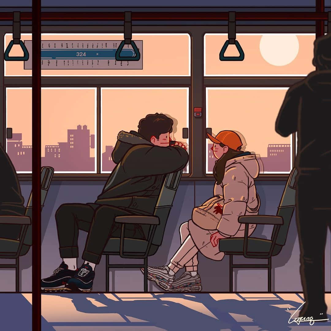 愛心 桌布 壁紙 — 兩個年輕人在捷運車廂內面對面坐著，夕陽正落在城市天際線上。