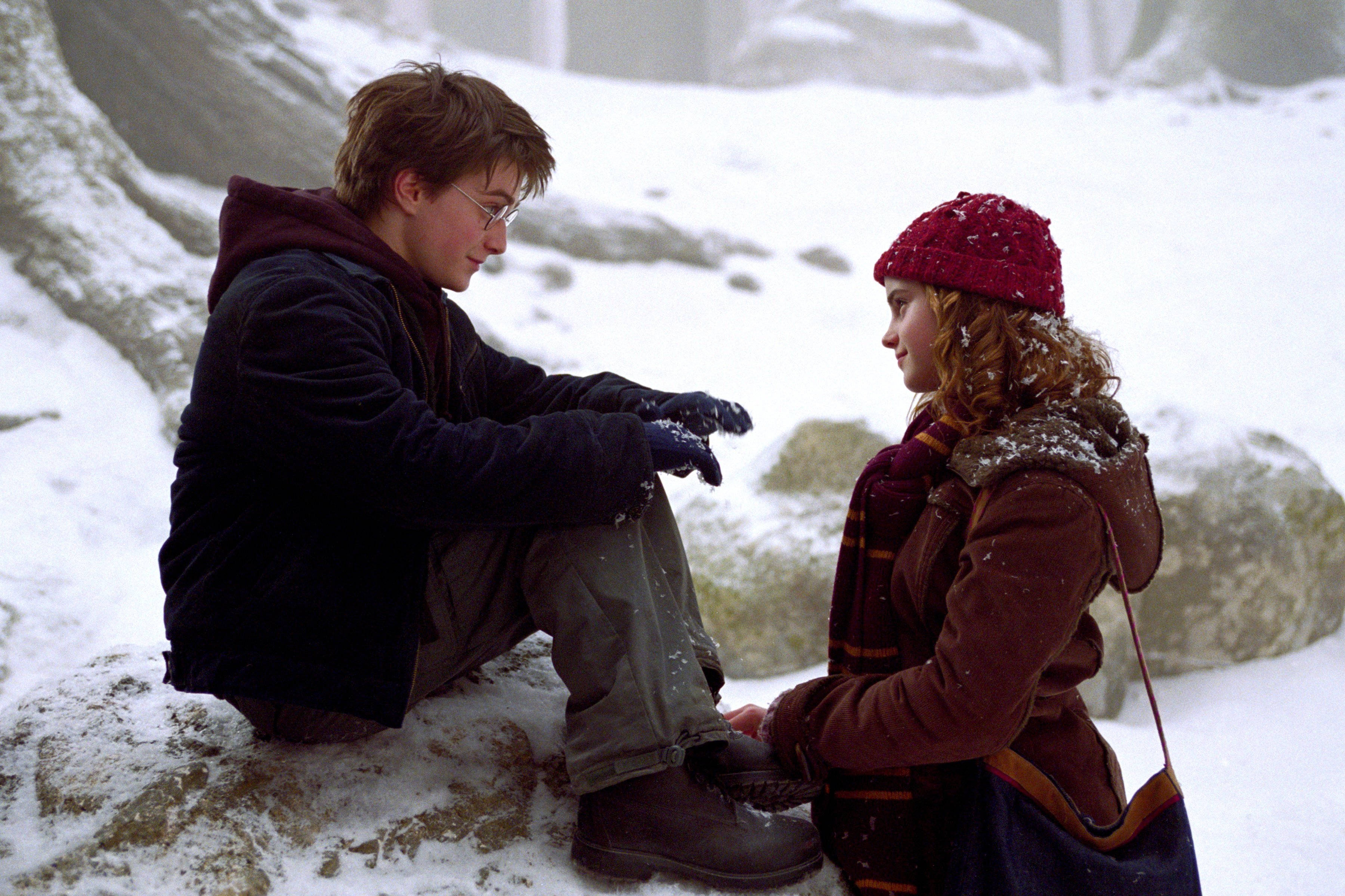 Hermione 桌布 壁紙 — 兩個年輕人緊挨著坐在白雪覆蓋的岩石上，在霧濛濛的冬日風景中分享寧靜的時刻。