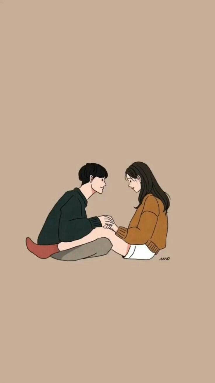 Love Cute Couple 桌布 壁紙 — 兩個年輕人面對面坐著，在純米色背景上牽手，極簡插圖。