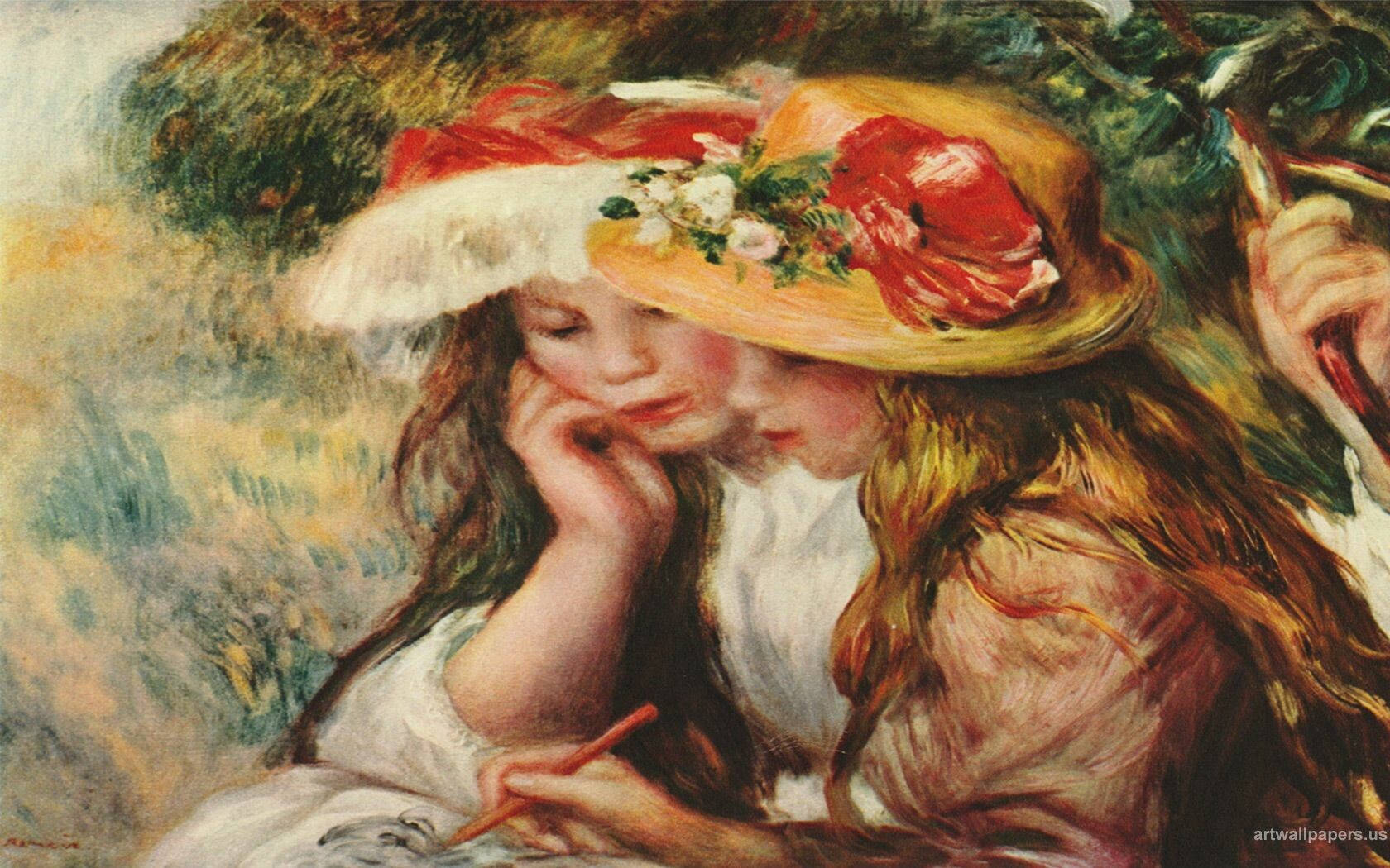 Renoir 桌布 壁紙 — 兩個年輕女孩在陽光明媚的花園裡共享寧靜時刻，一個在畫畫，另一個用手托著下巴。