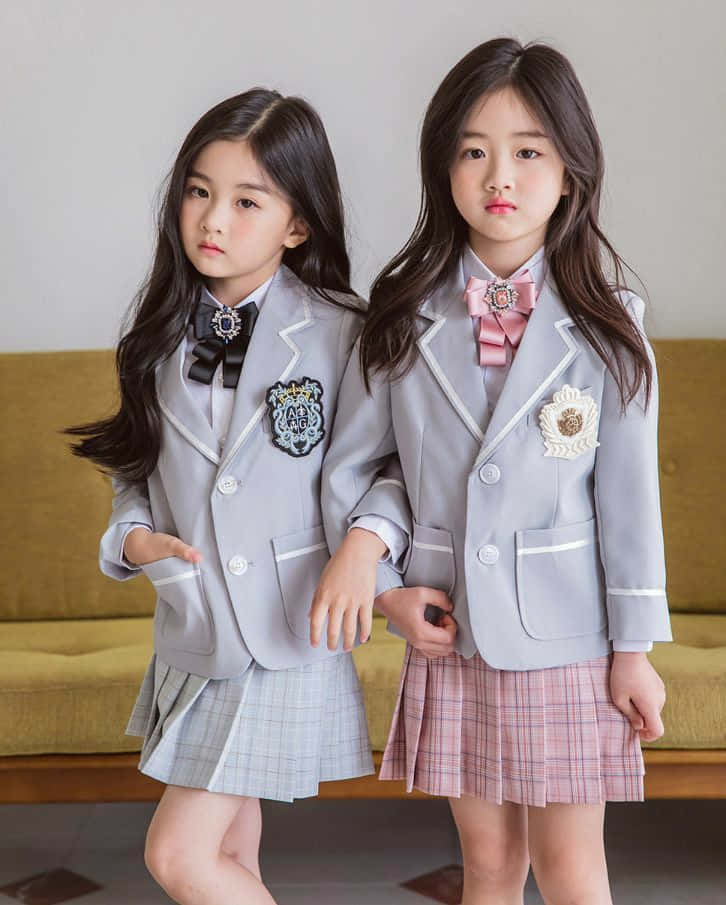 兩個穿著校服、戴著不同顏色蝴蝶結的年輕女孩站在室內。 — BTS 防彈少年團 粉絲 女孩 GIF 壁紙
