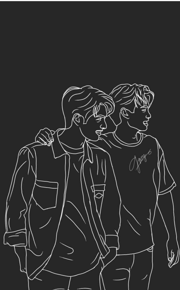 Sketches 桌布 壁紙 — 兩個年輕男子以白色線條藝術形式並肩走在深色背景上，其中一人手臂搭在另一人肩上。