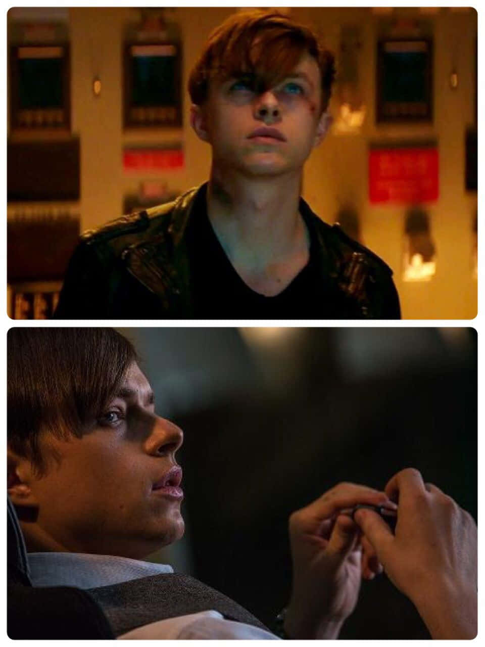 Harry Osborn 桌布 壁紙 — 兩個年輕男子在昏暗的房間裡，一個穿皮夾克抬頭看，另一個穿西裝拿著一個小物件