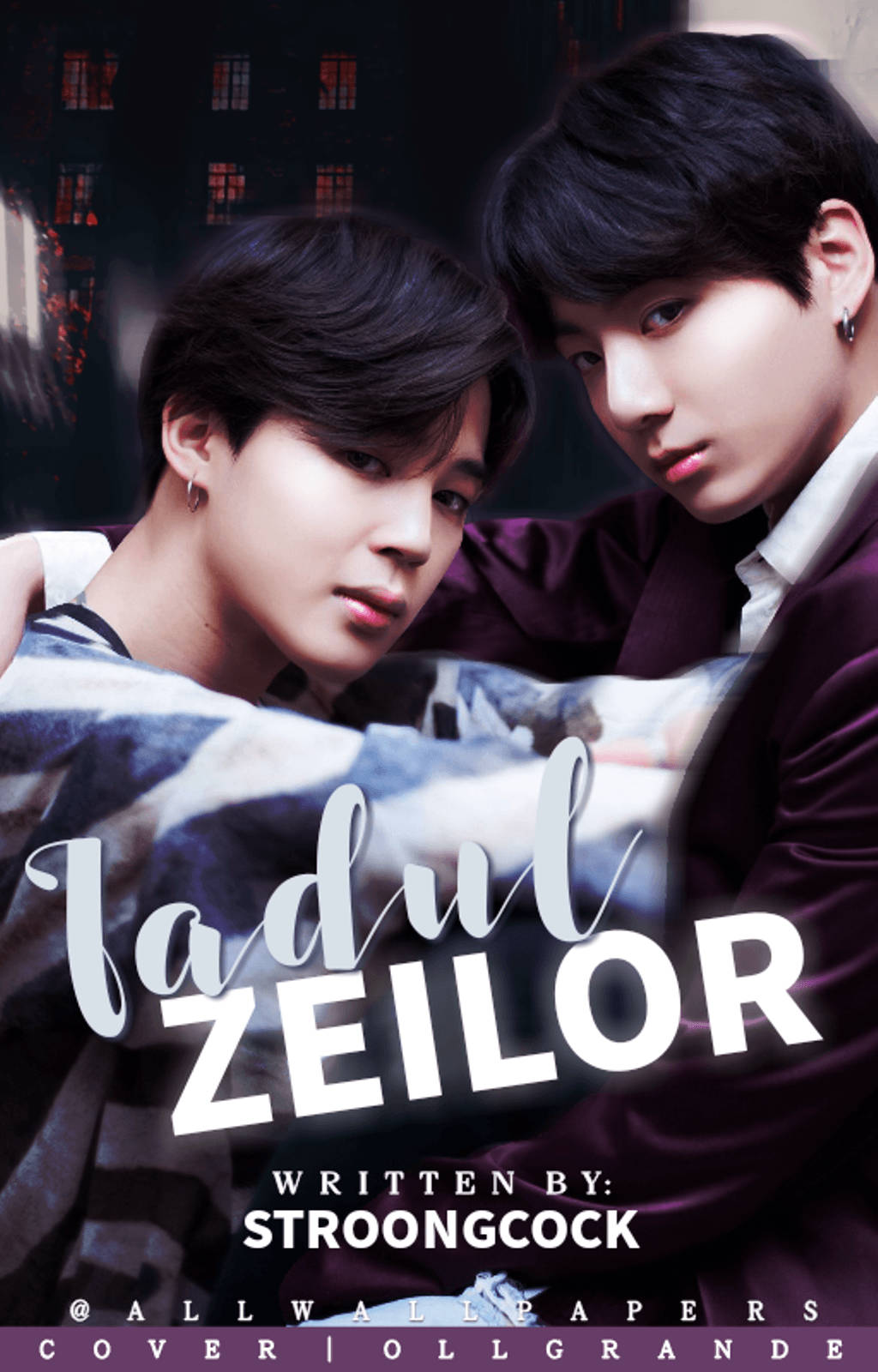 Jikook 桌布 壁紙 — 兩個年輕男子在溫暖燈光下緊抱，並在黑暗都市背景上有文字疊加。
