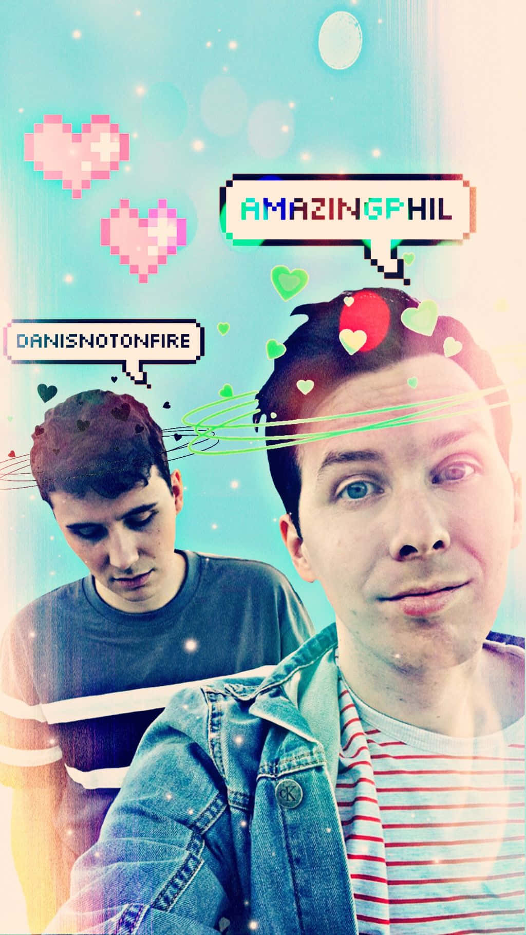 dan and phil 桌布 壁紙 — 兩個年輕男子帶著像素心形和對話框漂浮在發光的青色背景上，背景有散景燈光。