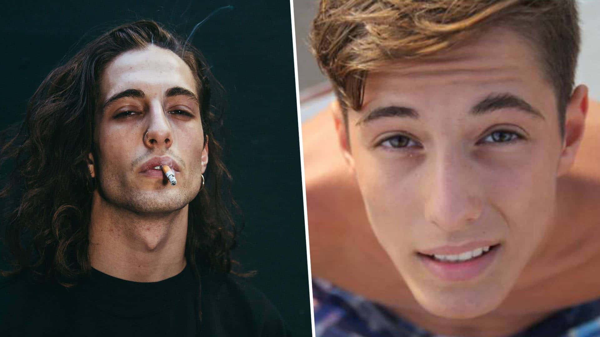 young 桌布 壁紙 — 兩個年輕男子的分割肖像，一個長黑髮在黑暗背景中抽煙，另一個短淺髮在明亮陽光下微笑。