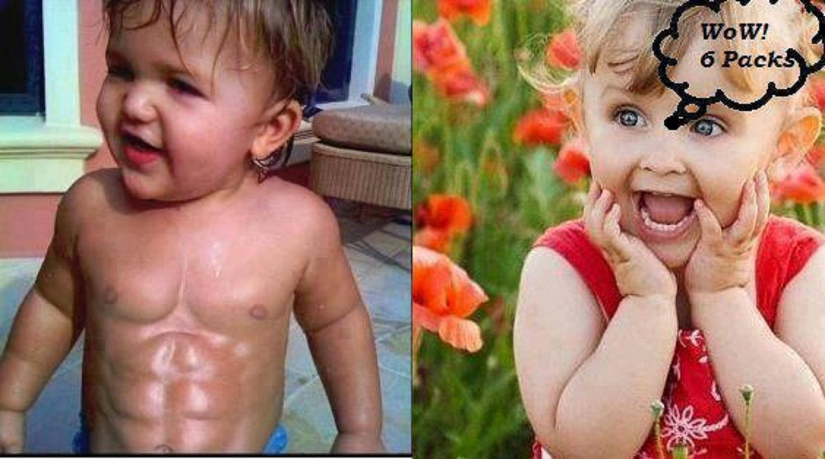 Funny Baby 桌布 壁紙 — 兩個幼兒的分割圖像，一個赤裸上身帶有假腹肌，另一個穿著紅色連衣裙微笑，帶有「Wow! 6 Packs」的對話氣泡。