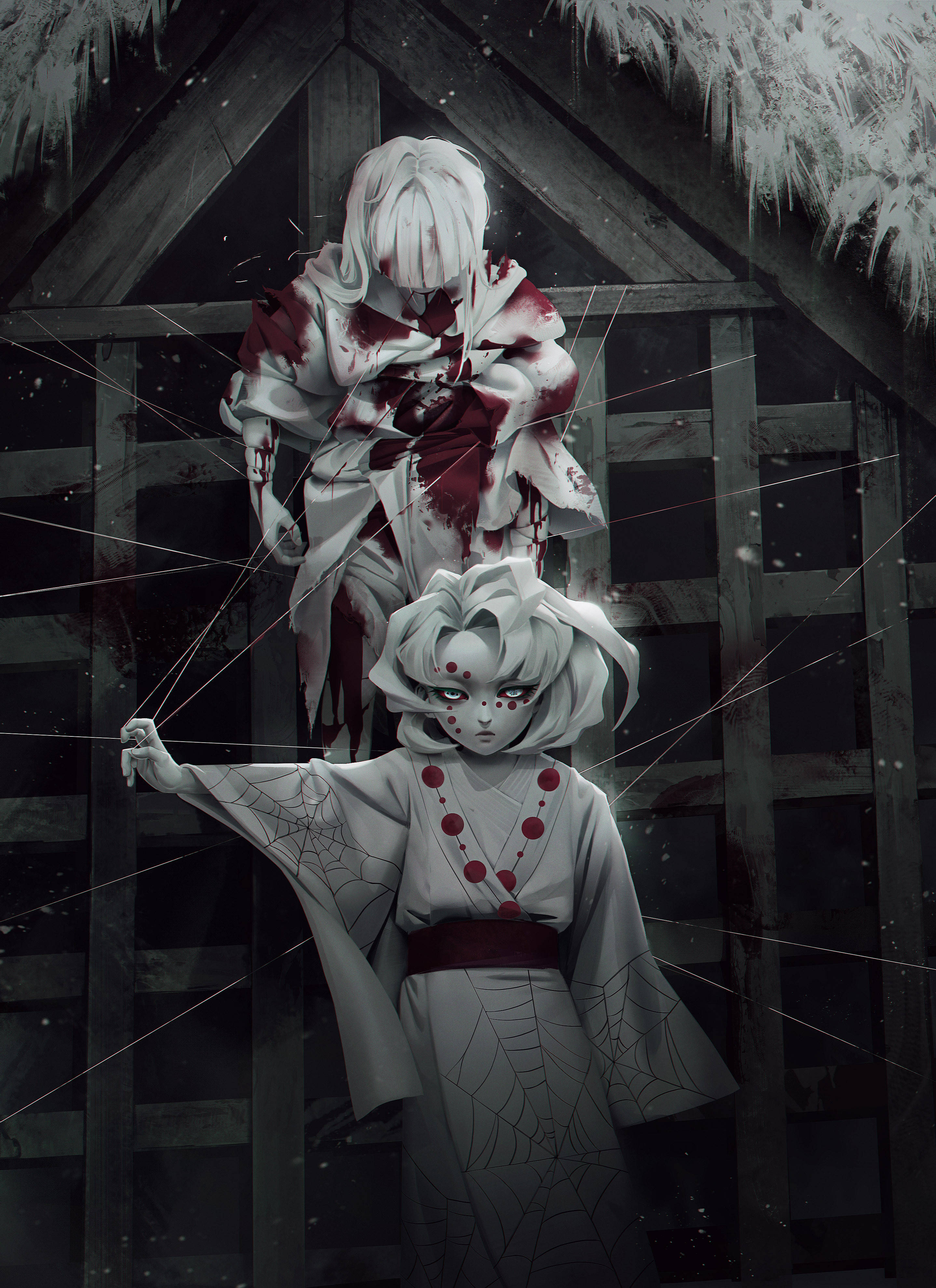 Rui 桌布 壁紙 — 兩個幽靈般的動漫人物身穿沾血的白和服，站在一個帶有蜘蛛網圖案和冰冷質感的深色木結構中。