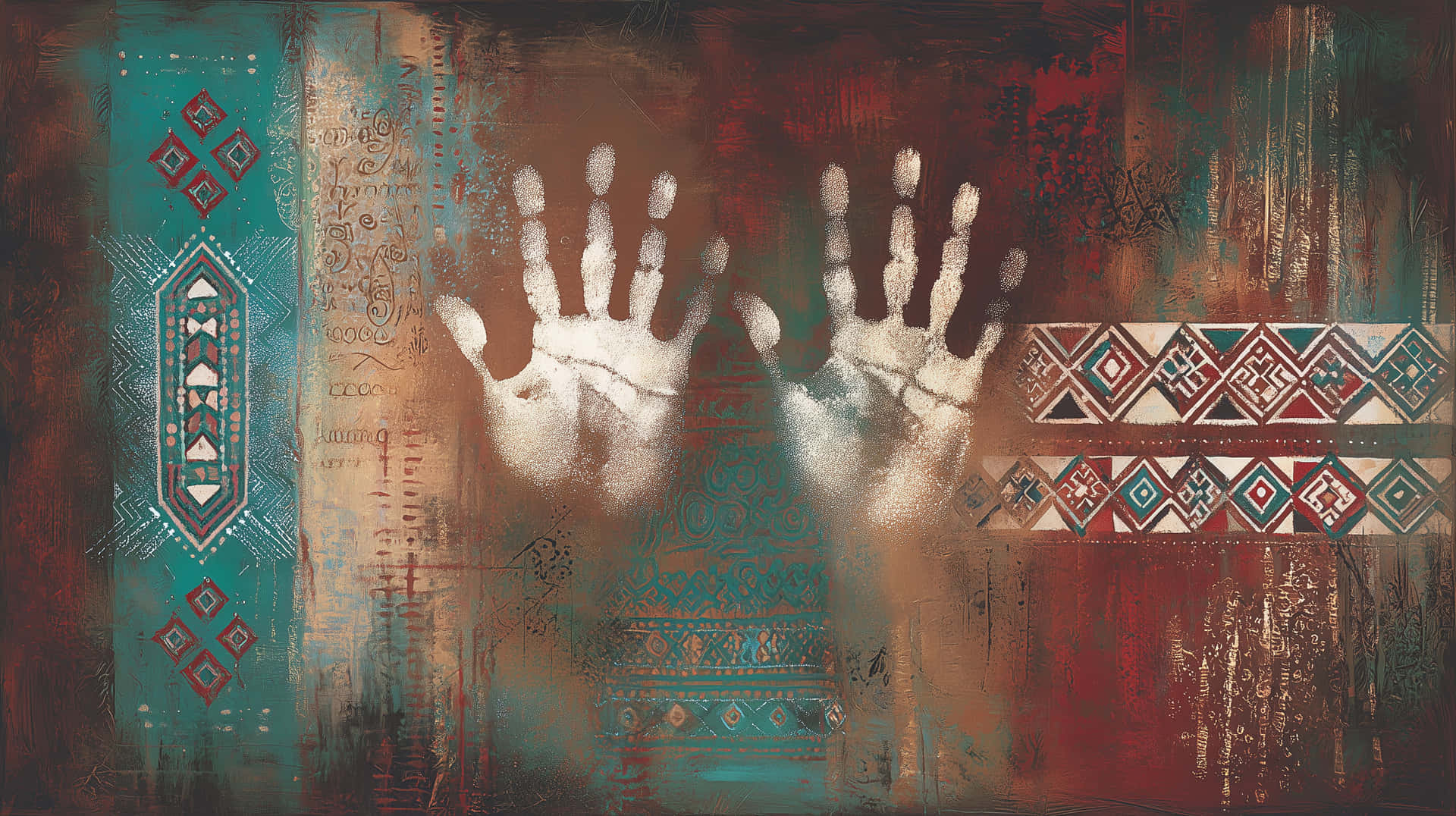 Stylized Handprint Art with Geometric Tribal Patterns 壁紙 — 兩個幽靈般的白色手印按壓在帶有紋理的牆壁上，牆上飾有青綠色、紅色和大地色調的複雜部落圖案。