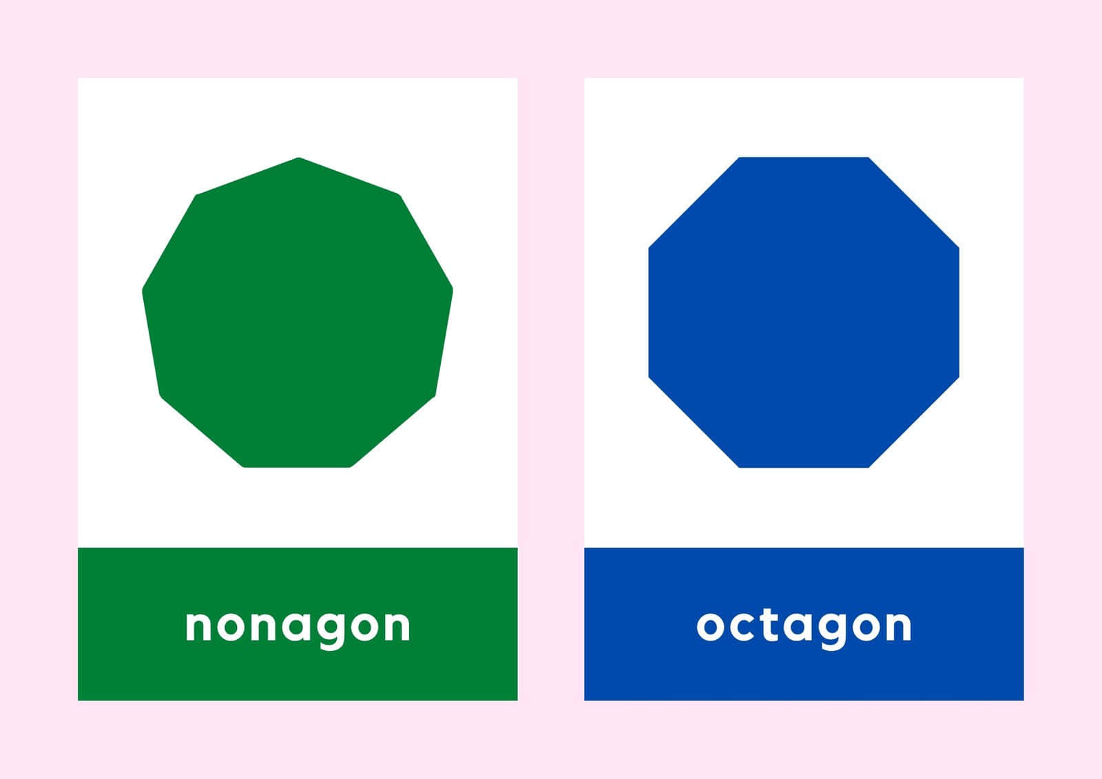 Shapes 桌布 壁紙 — 兩個幾何形狀，一個綠色九邊形和一個藍色八邊形，在柔和的粉紅色背景下方標有標籤。