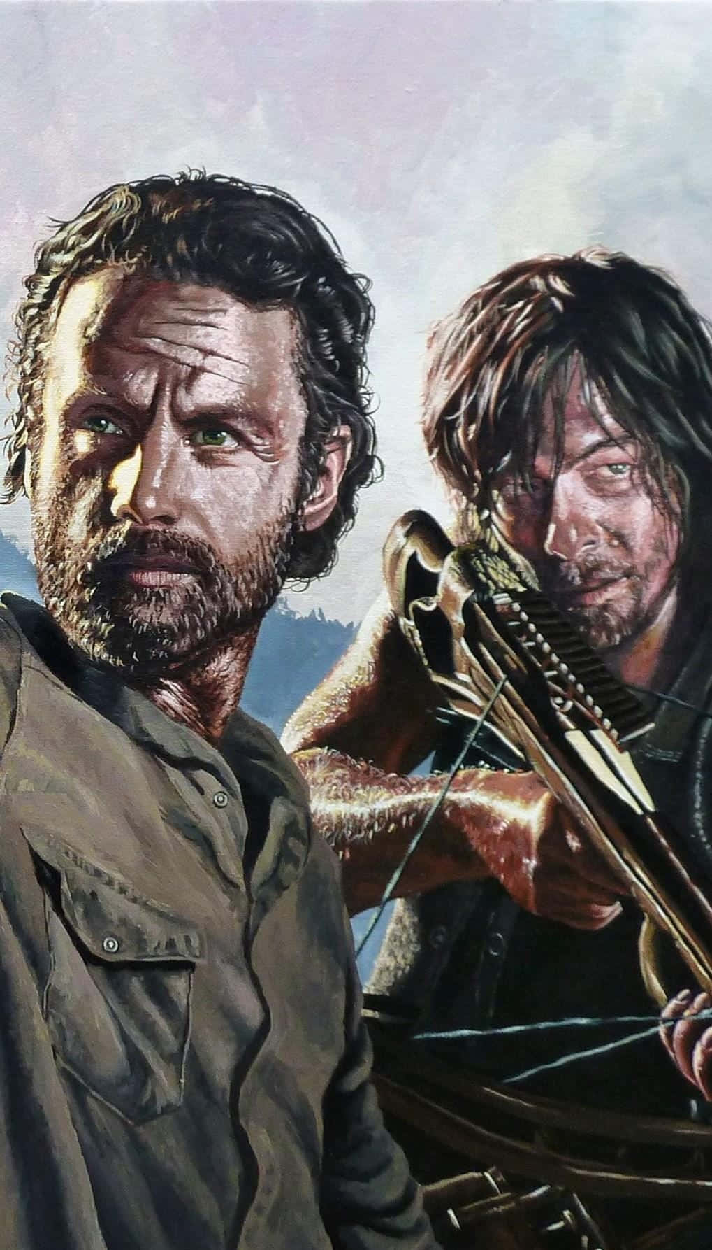 The Walking Dead iPhone 桌布 壁紙 — 兩個強壯的倖存者專注地向前凝視，其中一人手持十字弓，背景是陰天。